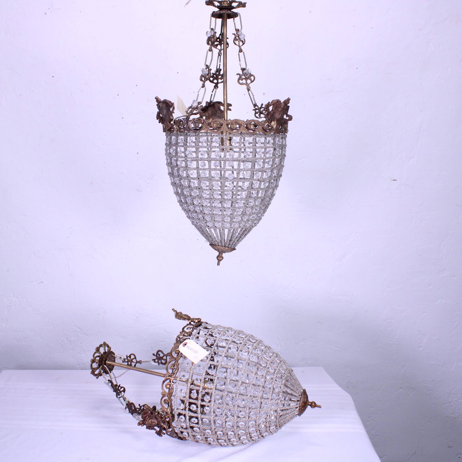 Pair of Pendant Chandeliers with Metal Rims #1: Pair of Pendant Chandeliers with Metal Rims - 25 in tall x 12