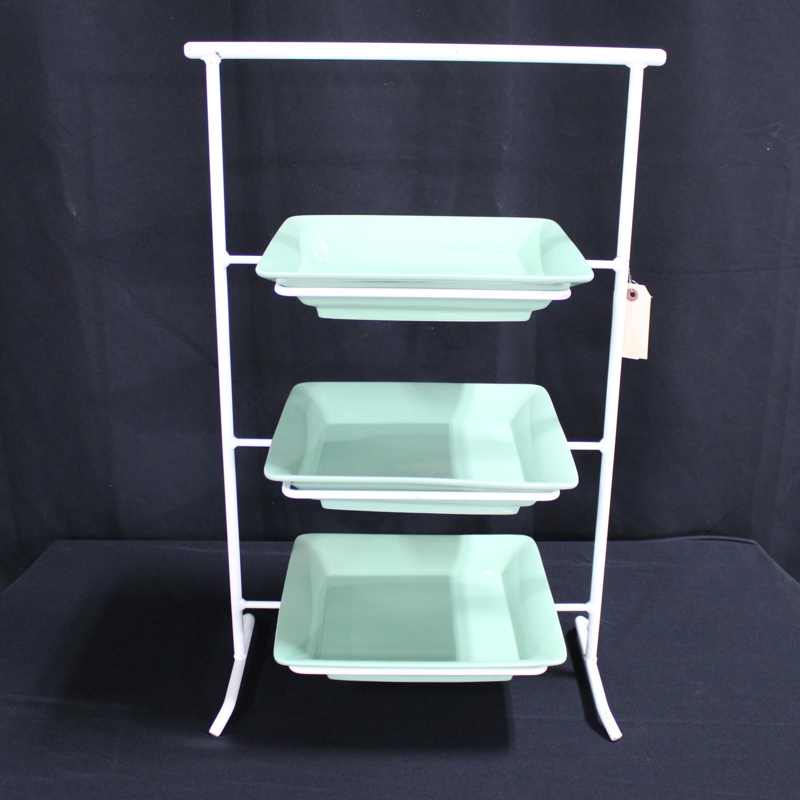 3 Tier Metal Kitchen Stand with Green Ceramic Trays: 3 Tier Metal Kitchen Stand with Green Ceramic Trays - 29 in tall x 19 x 13
