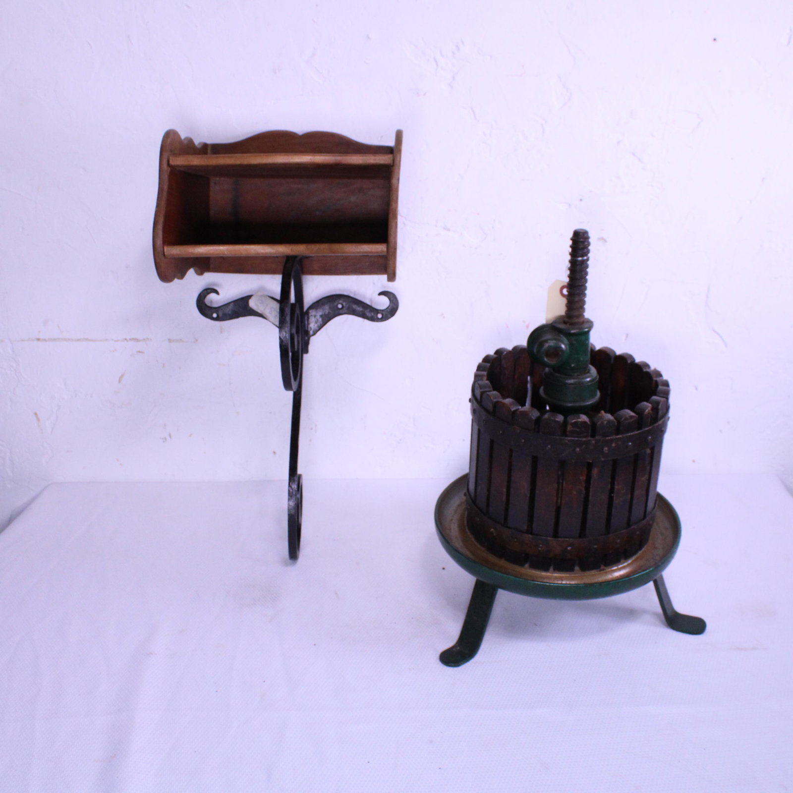 European Grape Press & Wall Shelf with Iron Base: European Grape Press 19 in tall x 13 x 13 & Wall Shelf with Iron Base - 21 in tall x 10 x 12