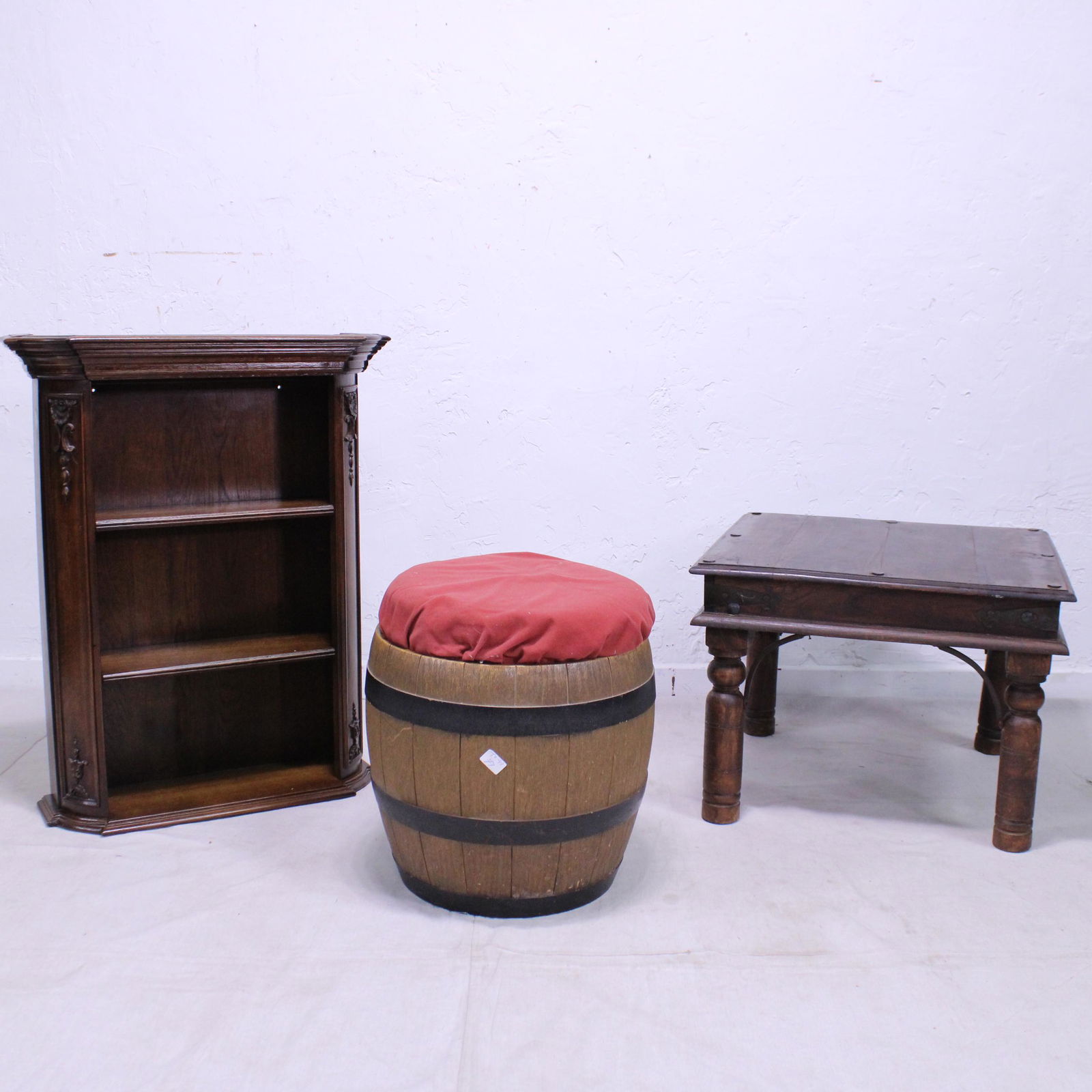 Barrell Stool, Open Shelf & Rustic Side Table (1 of 5)