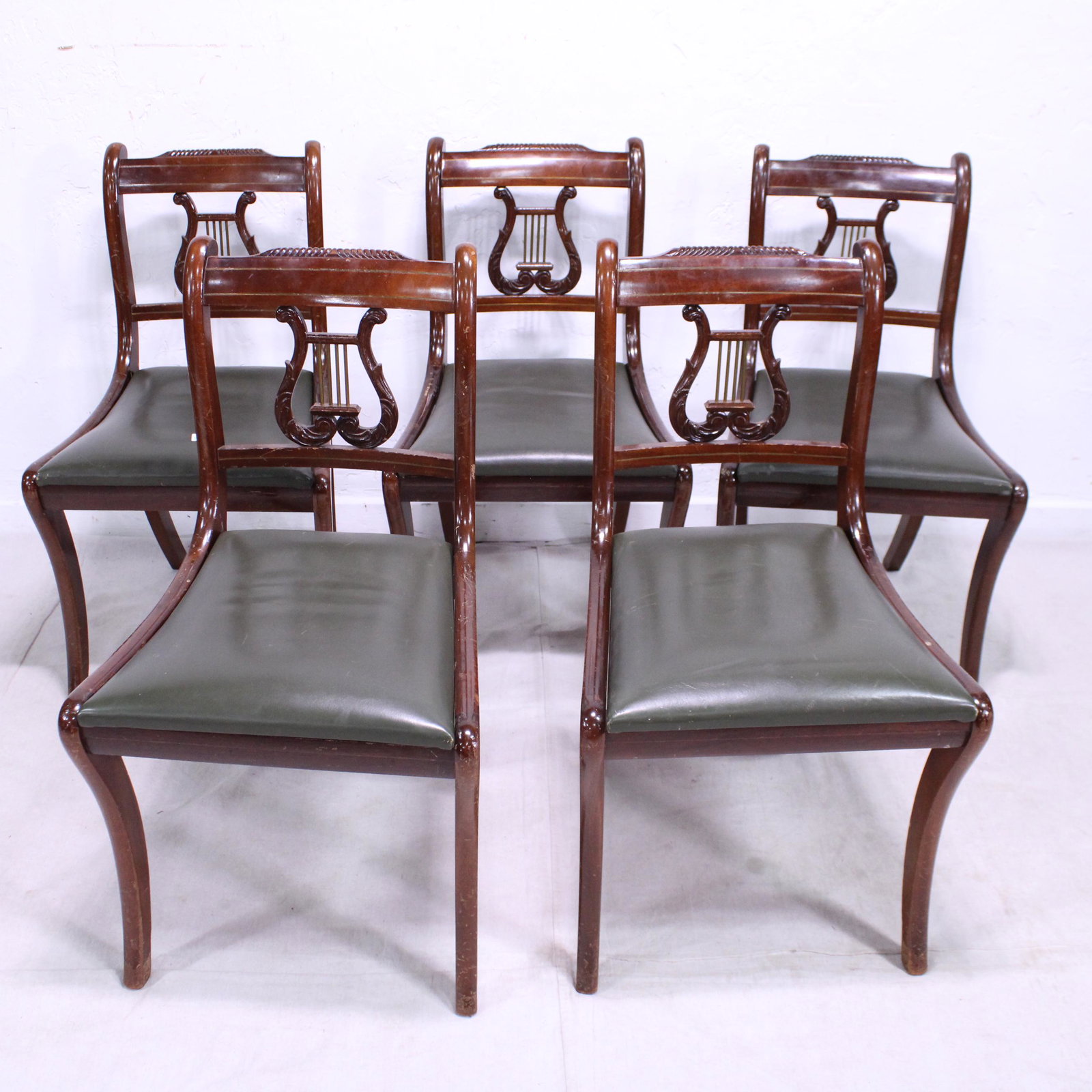 Set of 5 Harp / Lyre Back Chairs from Europe: Set of 5 Harp / Lyre Back Empire Style Chairs from Europe 34 in tall x 19 x 19