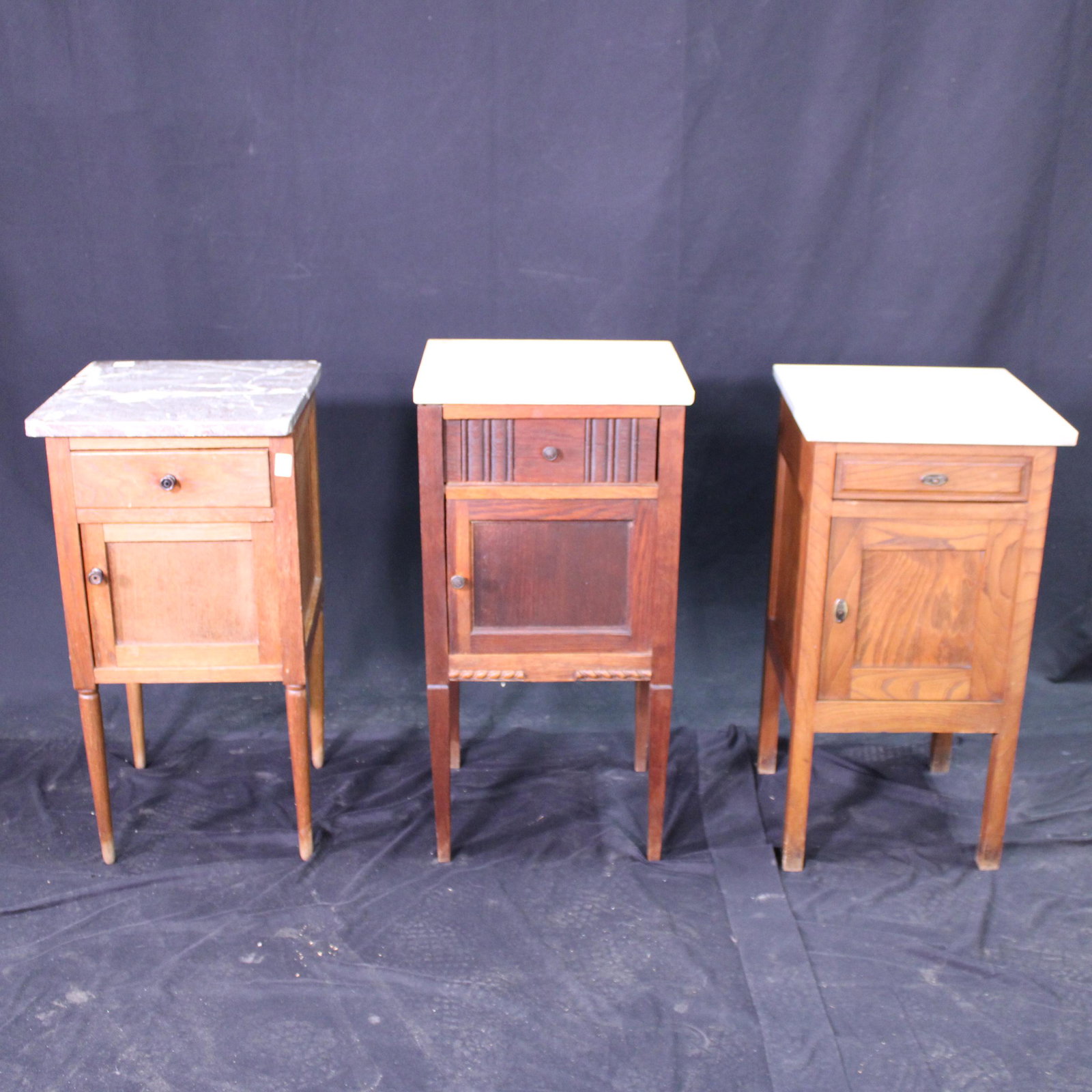 Three Similar French Night Stands with Marble Tops: Three Similar French Night Stands with Marble Tops - 32 in tall x 17 x 15 & 3o in tall x 16 x 16 & 30 in tall x 16 x 16