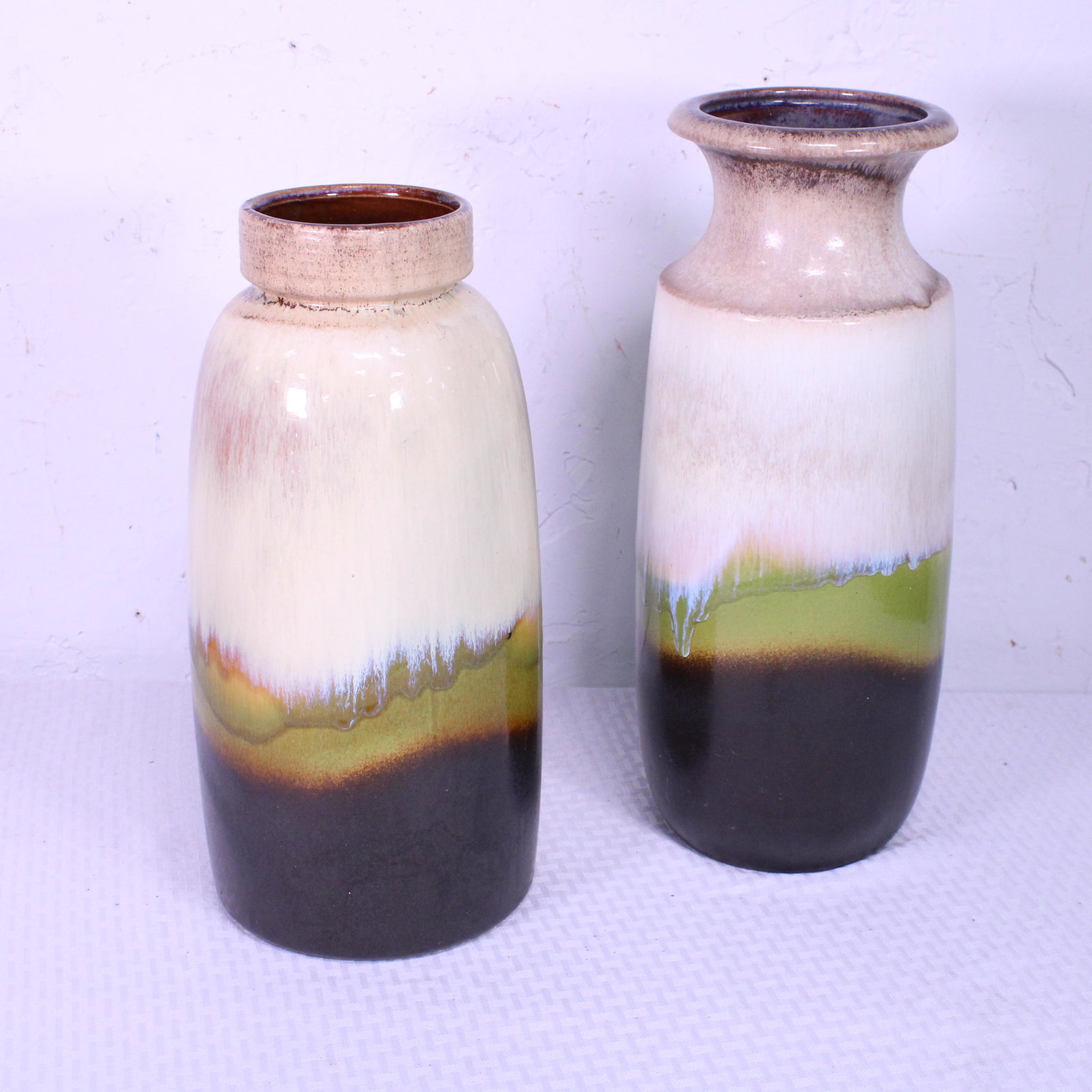2 West German Floor Vases - White, Green  & Brown (1 of 5)