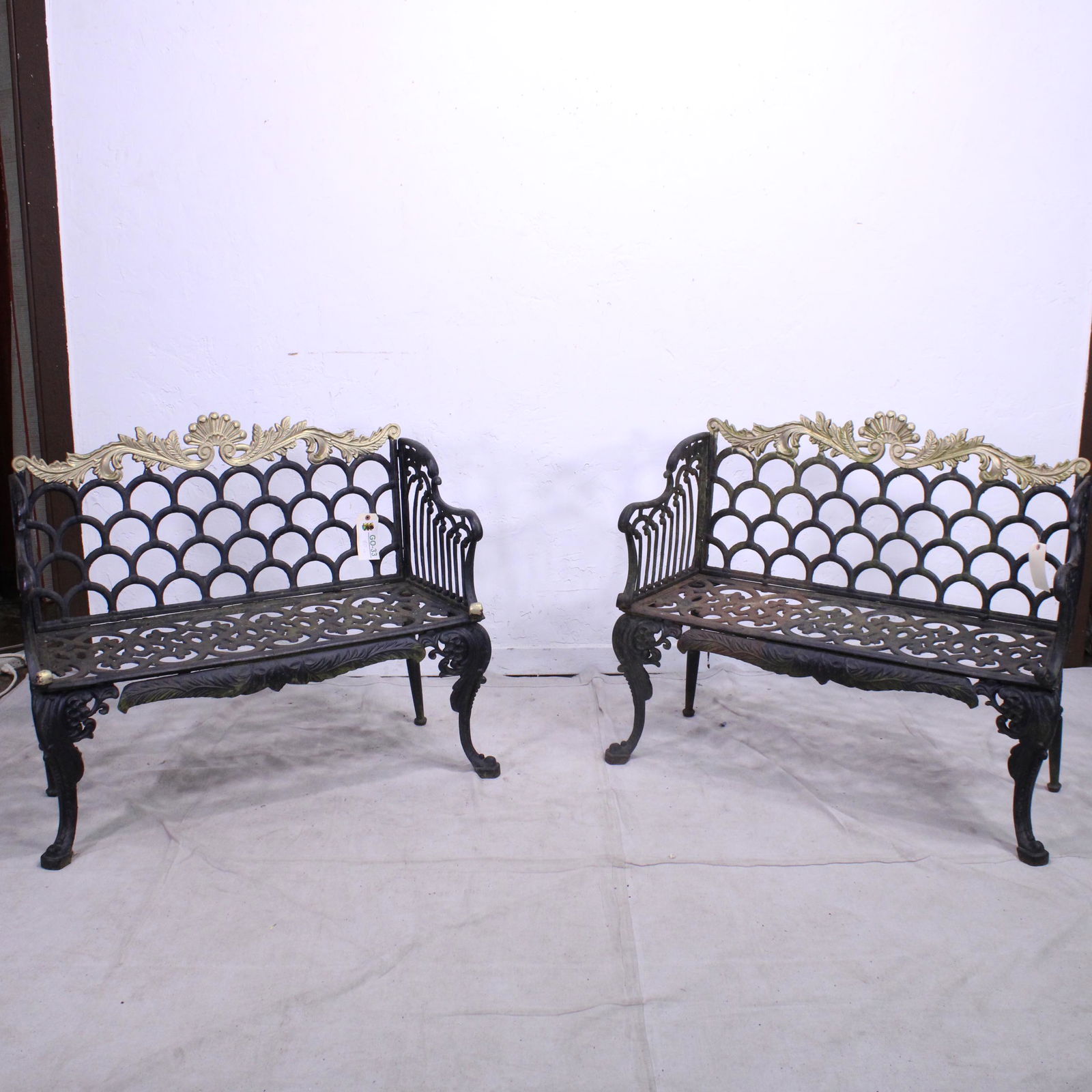 Pair of Black & Gold Cast Iron Benches From England: Pair of Black & Gold Cast Iron Benches From England
