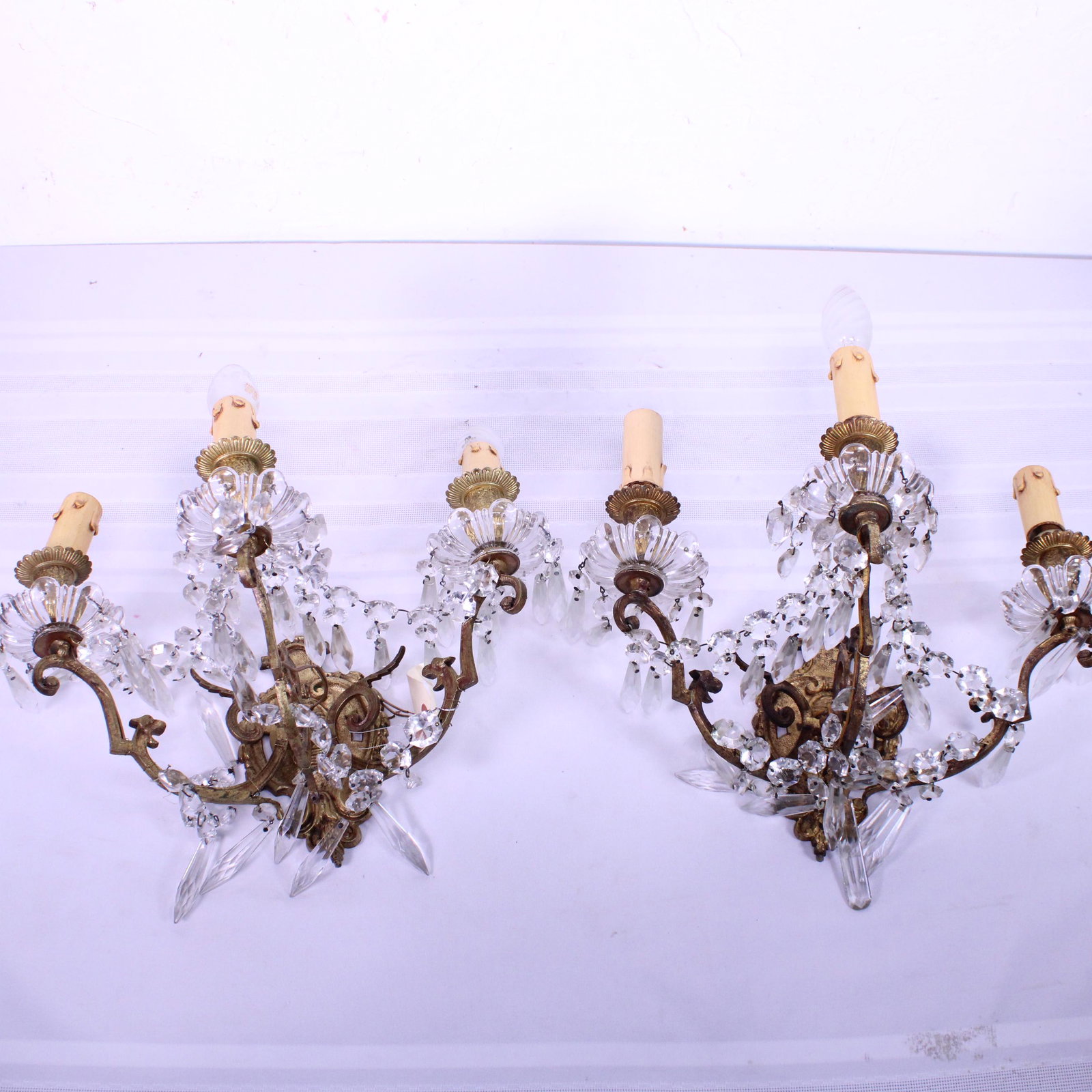 Pair French 3 Arm Brass / Crystal Sconces (1 of 3)