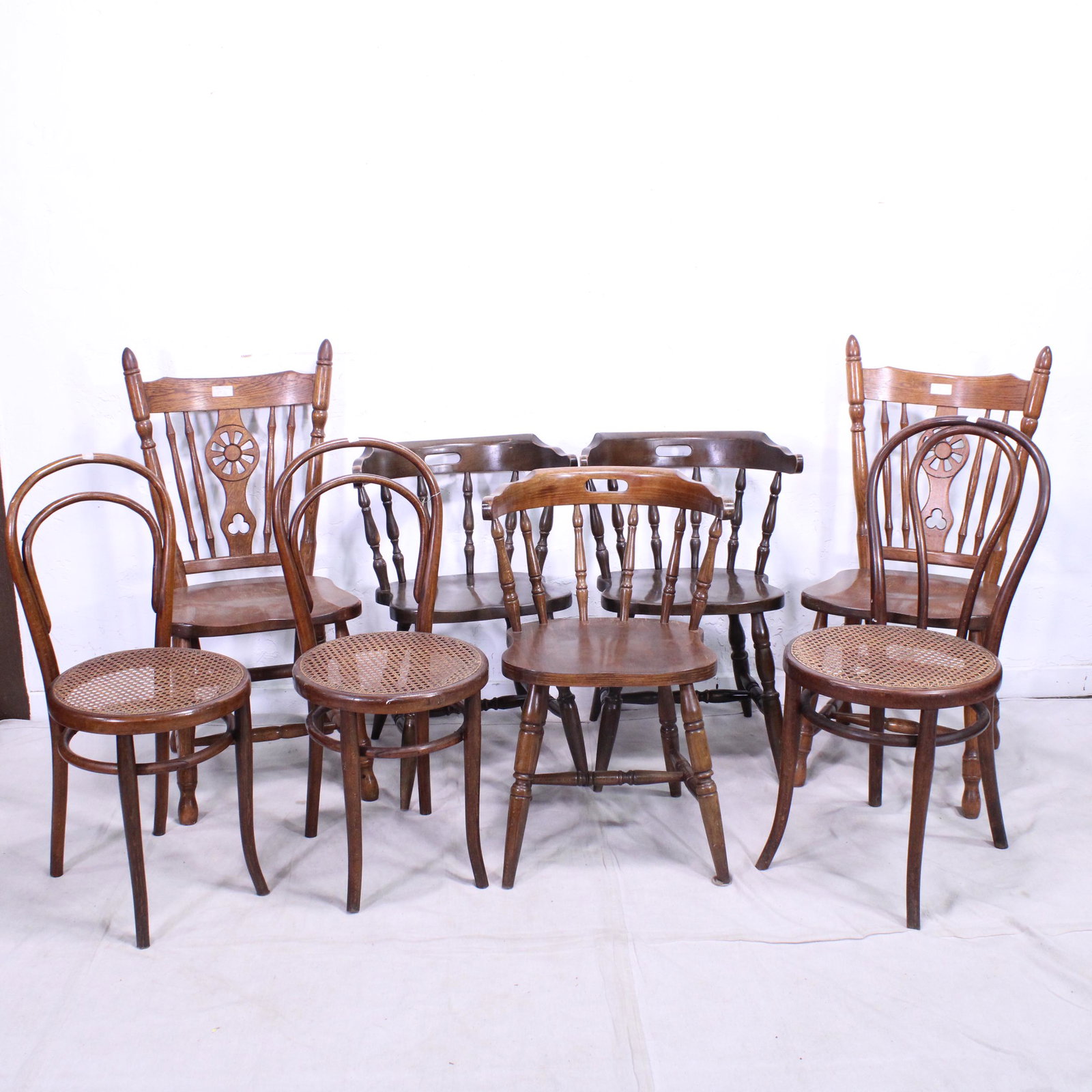 Lot of 8 Chairs - Some Wheel Back & Thonet Style: Lot of 8 Chairs - Some Wheel Back & Thonet Style