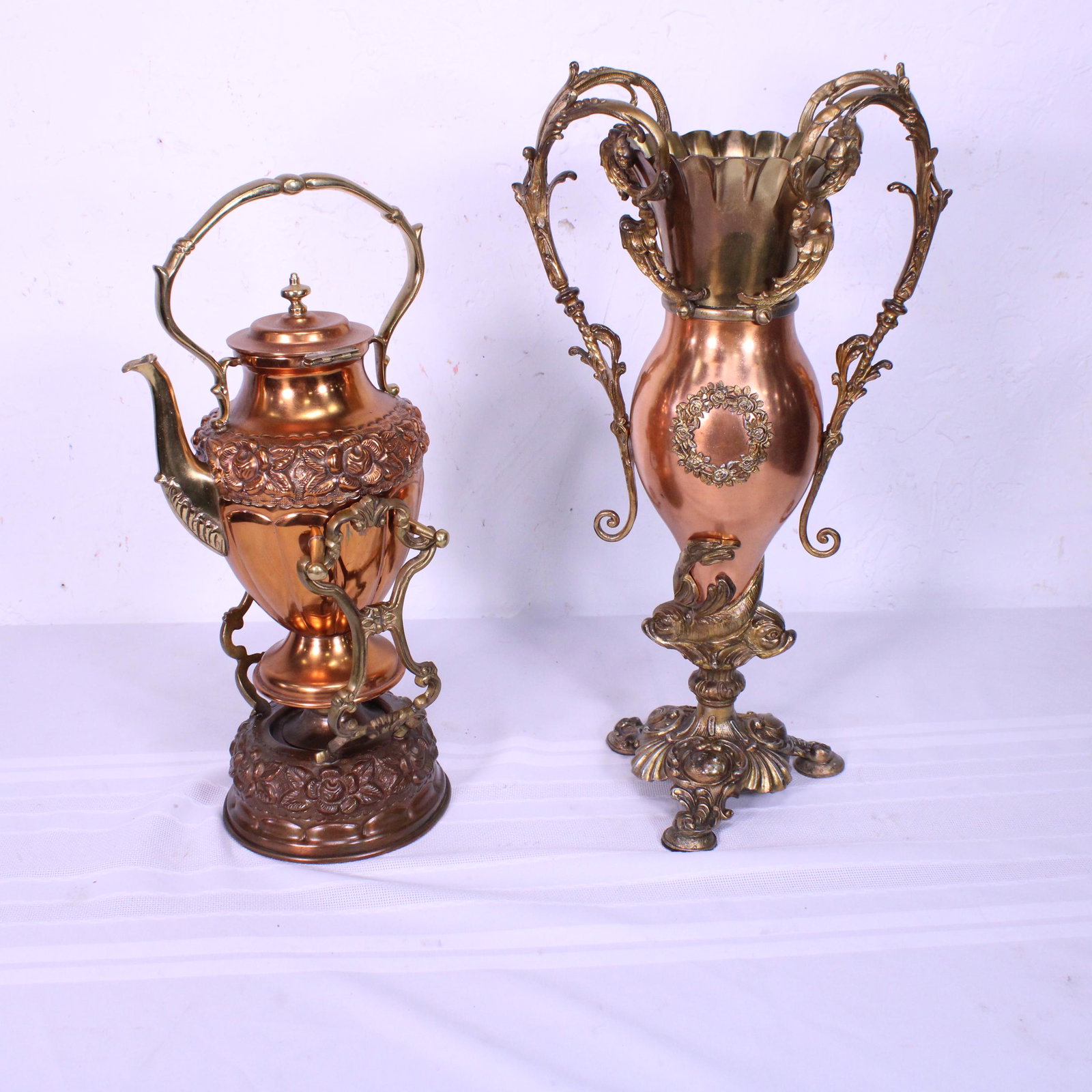 Copper / Brass Coffee Pot on Tilt Stand & Vase: Copper / Brass Coffee Pot on Tilt Stand ( 18 in tall x 8 c 8 & Vase (20 in tall x 8 x 8 )