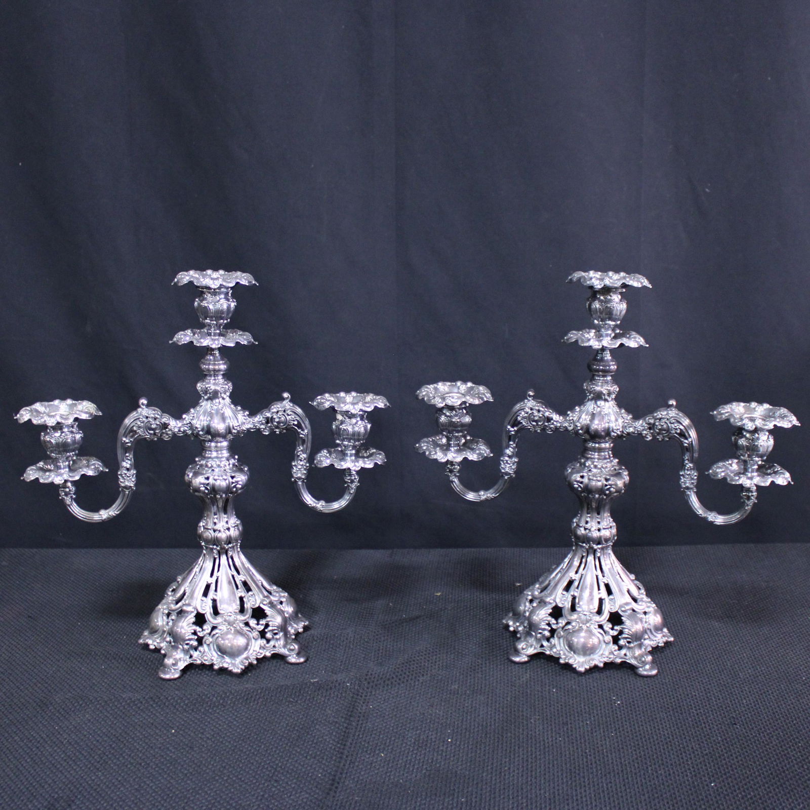 Pair 3 Arm Silver Plate Candelabra - Reed & Barton: Pair 3 Arm Silver Plate Candelabra - Reed & Barton - 880 - - 17 in tall x 16 x 9