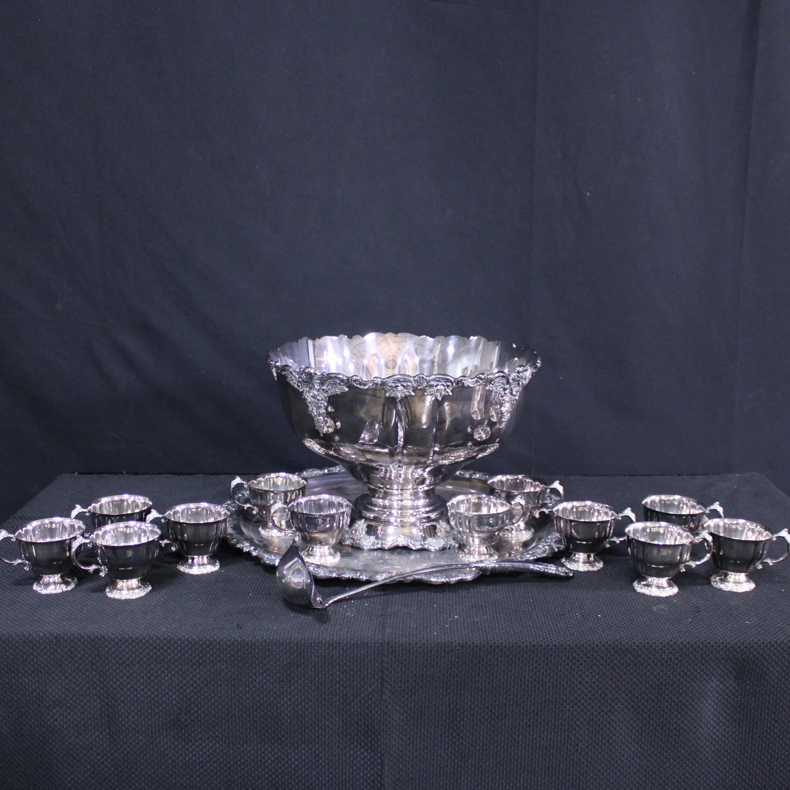 Punch Bowl, Tray, Ladel & Cups - Wallace - Baroque: Large Sliver Plate Punch Bowl, Tray, Ladel & 12 Cups - Marked Wallace - Baroque - Punch Bowl is 11 in tall x 15 round