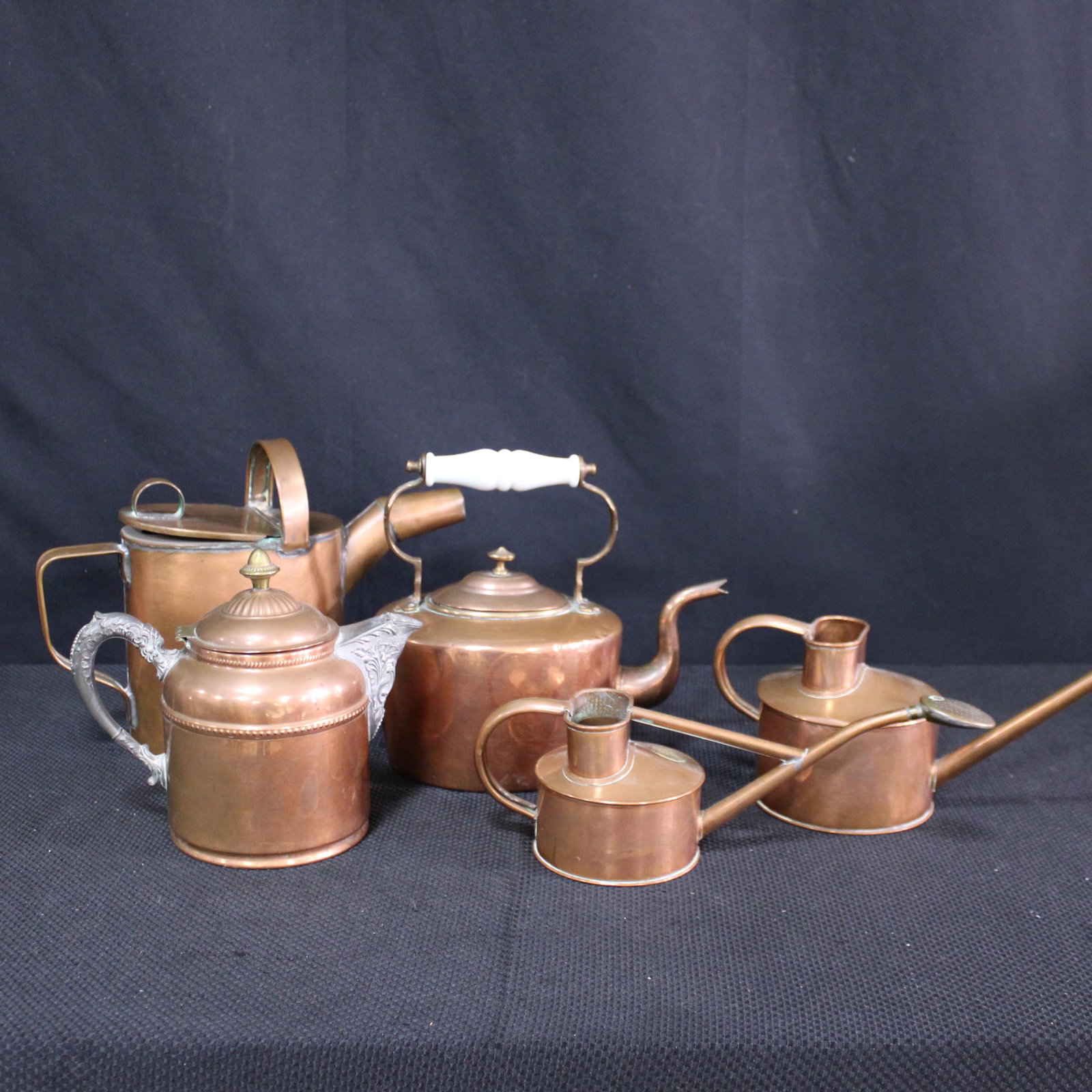 5 Pieces Copper Water Cans & Tea Kettles: 5 Pieces Copper Water Cans & Tea Kettles - largest one 10 in tall x 15 x 6