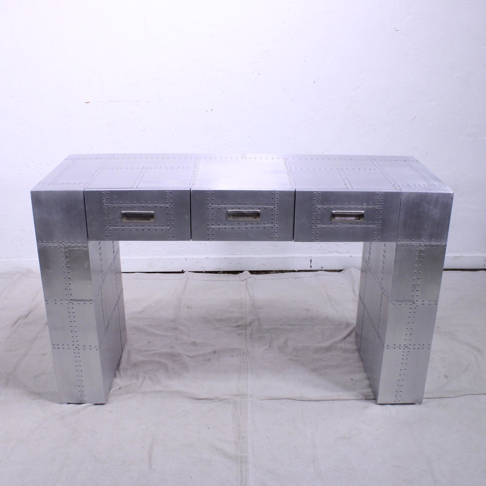 Aviator / Spitfire Style Console Table / Sofa Table: Aviator / Spitfire Style Aluminum Console Table / Hall Table - similar to Restoration Hardware Tables - 34 in tall x 56 x 20