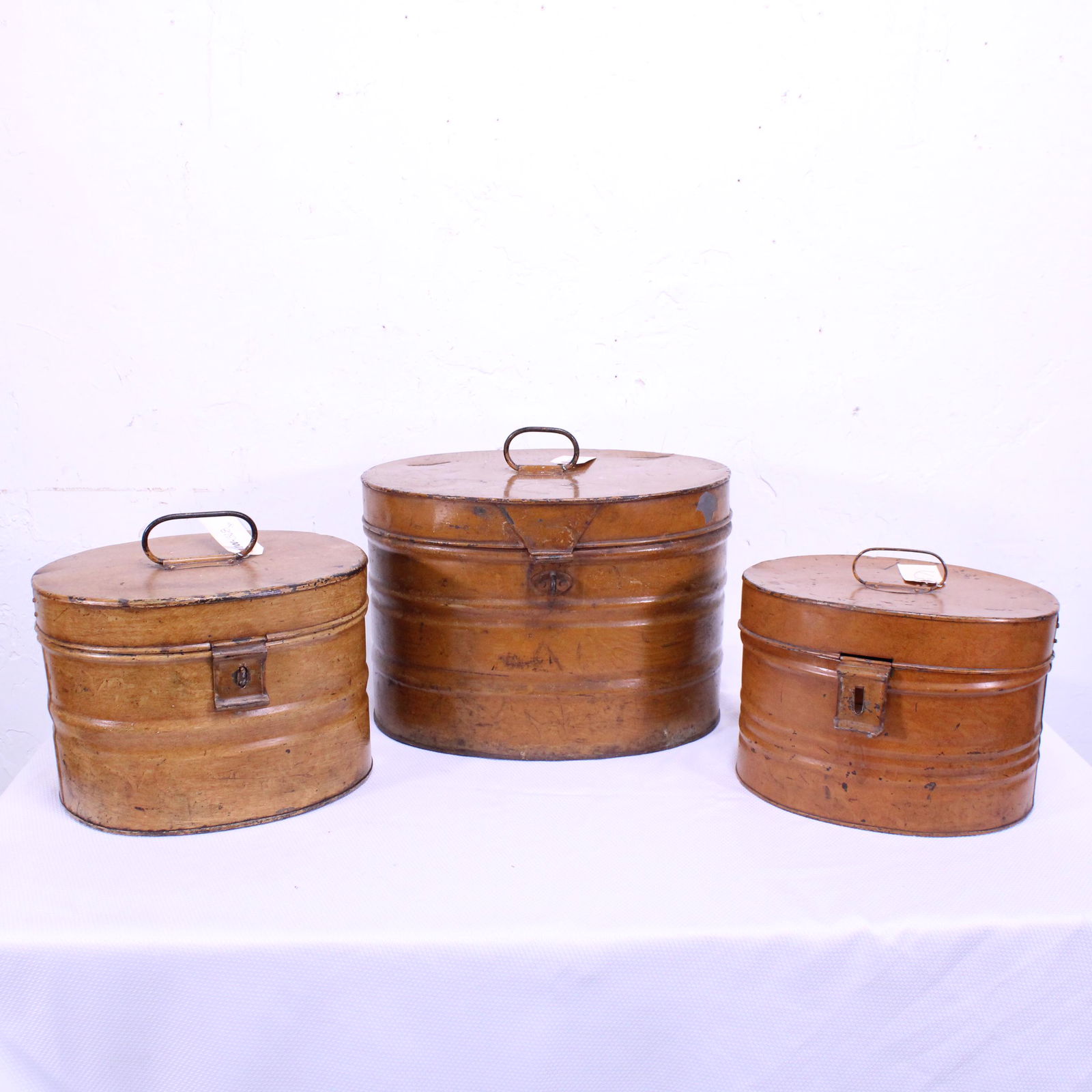 3 Graduated Size Metal Hat Boxes: 3 Graduated Size Metal Hat Boxes - 11 in tall x 17 x 13