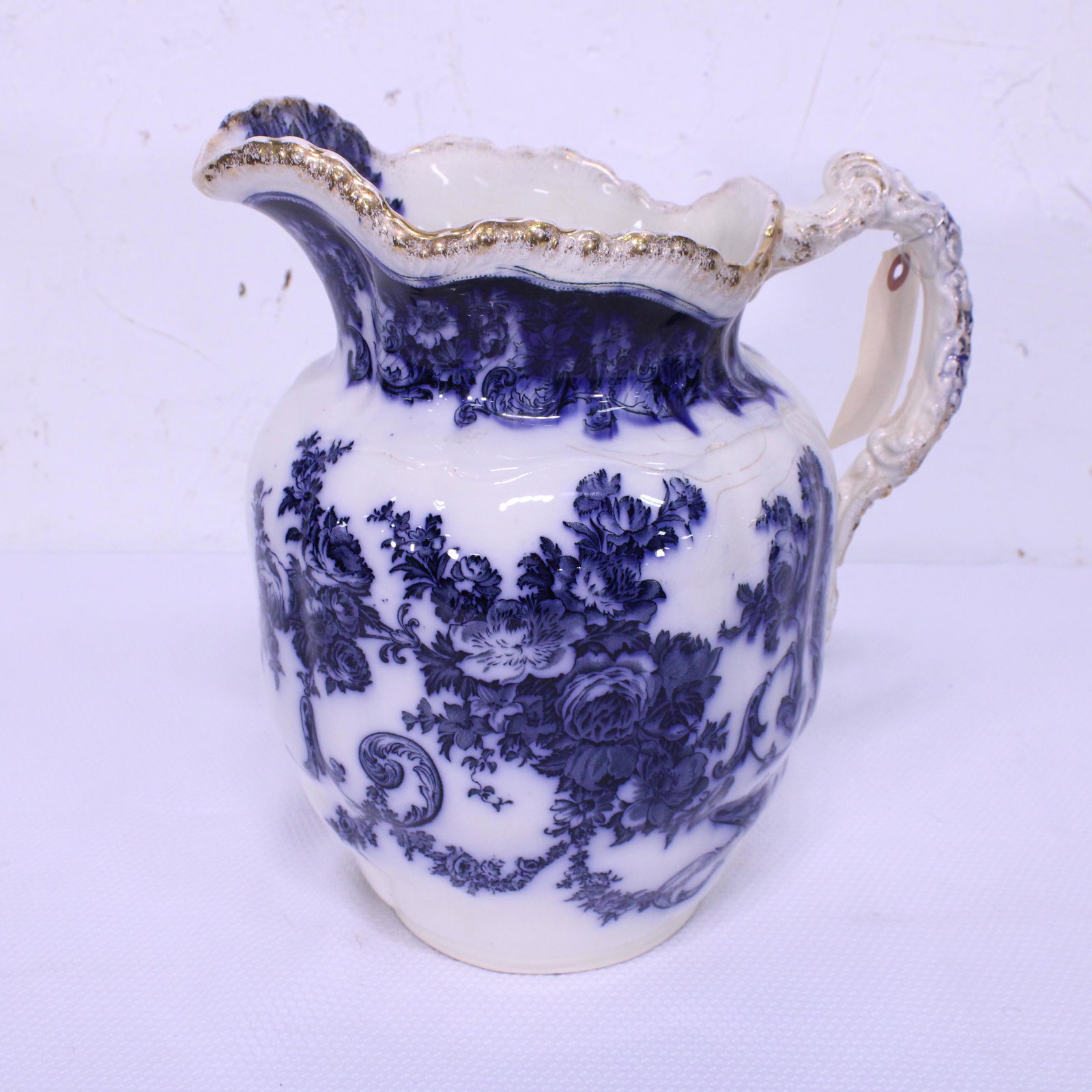 Flow Blue, White & Gold Pitcher - Rome - B & S: Flow Blue, White & Gold Pitcher - Rome - B & S (Bishop and Stonier) - 12 in tall