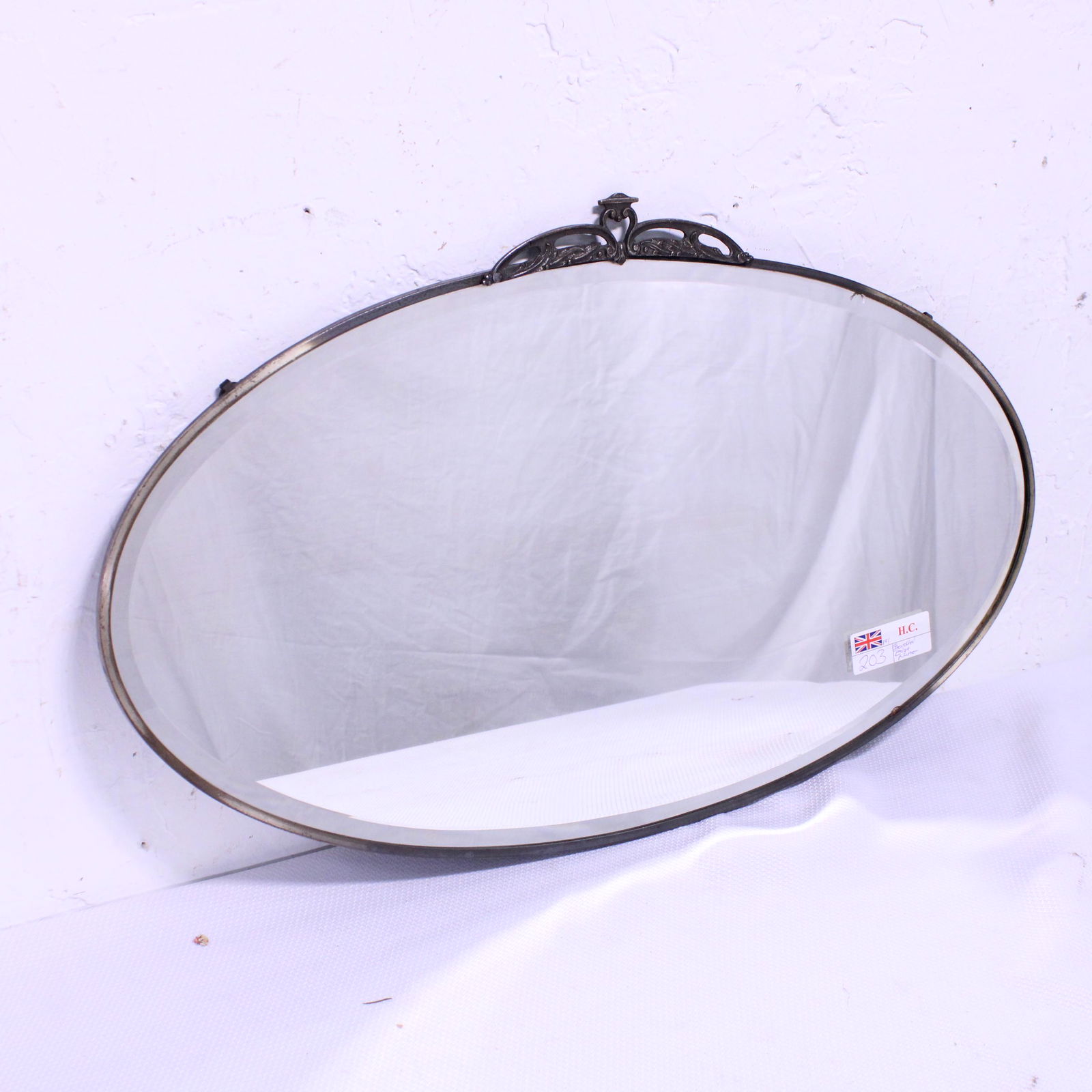 Mid Century Oval Beveled Mirror - Metal Ormolu: Mid Century Oval Beveled Mirror - Metal Ormolu - 17 in x 28 x 1