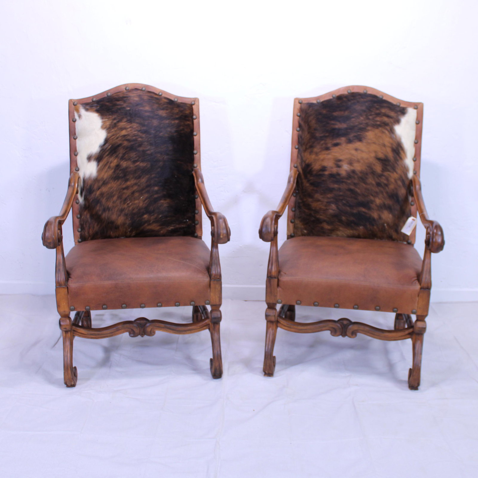 Pair of French Mouton Style Armchairs with Hide Backs: Pair of French Mouton Style Armchairs with Hide Backs - 49 in tall x 30 x 29