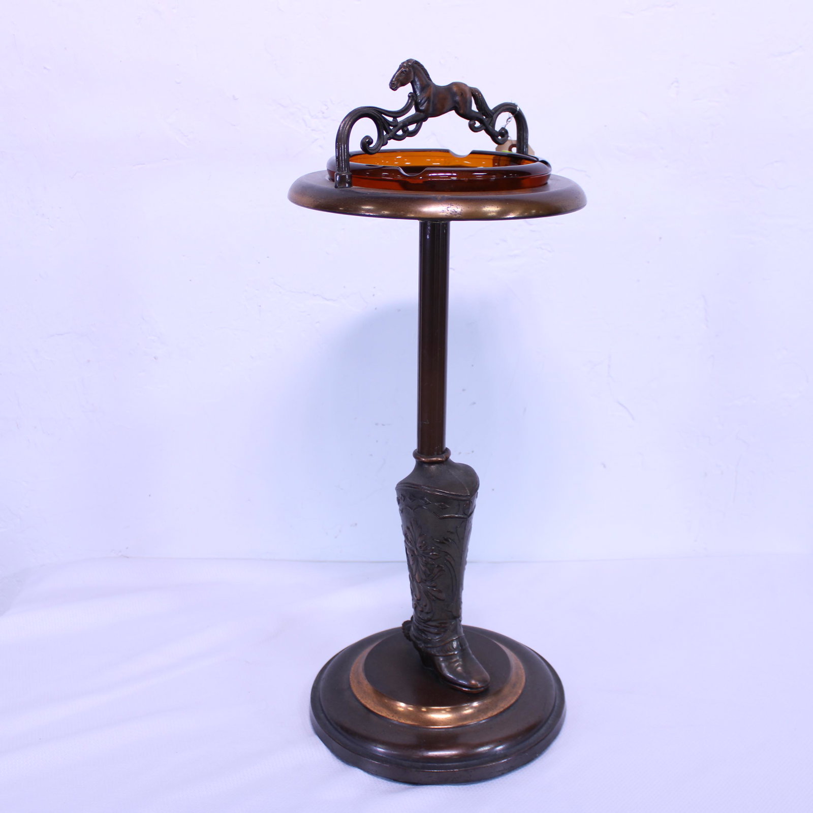 Copper Boot / Horse Ash Stand With Amber Glass Insert: Copper Boot / Horse Ash Stand With Amber Glass Insert - 26 in tall x 11