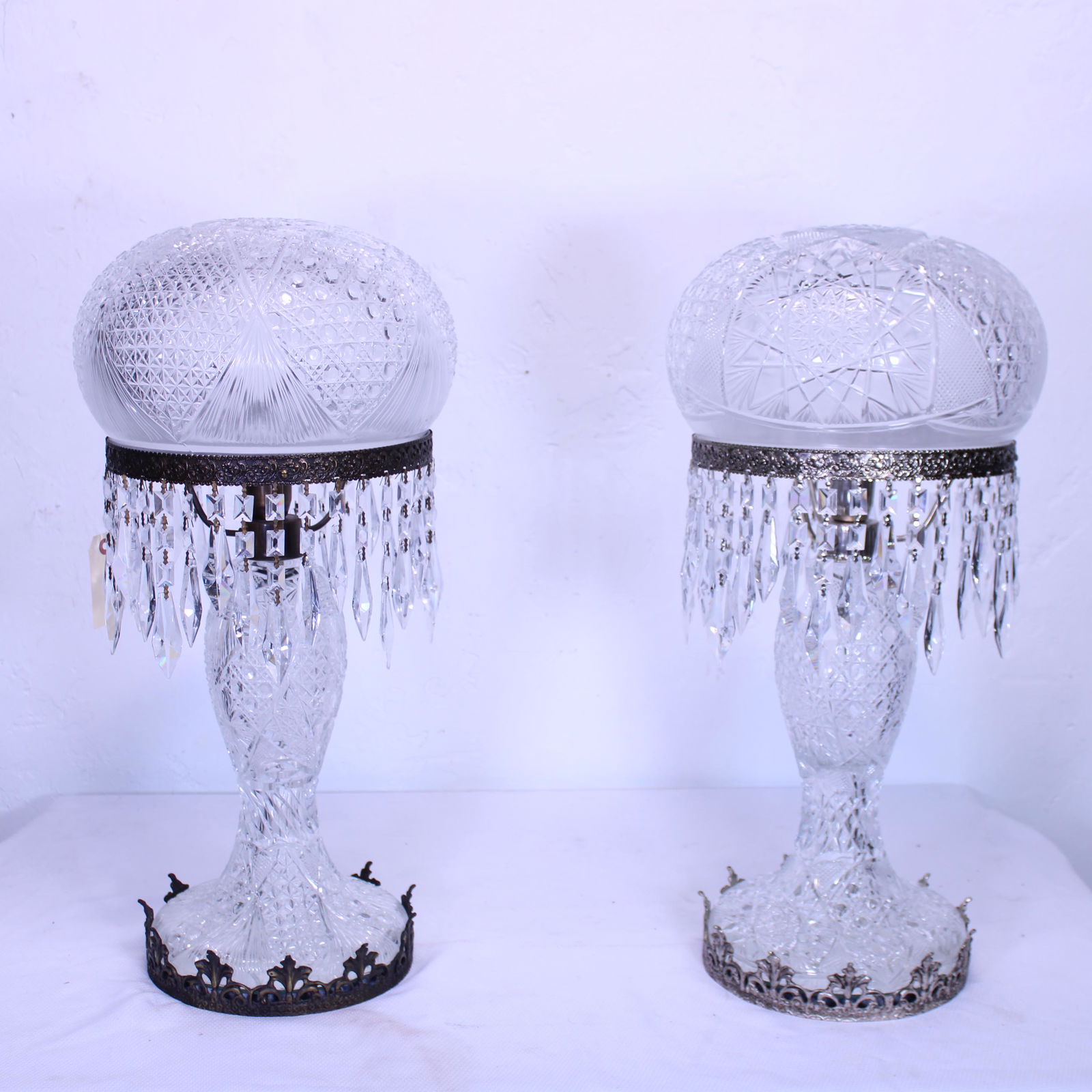 2 Fancy Cut Glass Lamps with Dome Shades & Prisms (1 of 8)