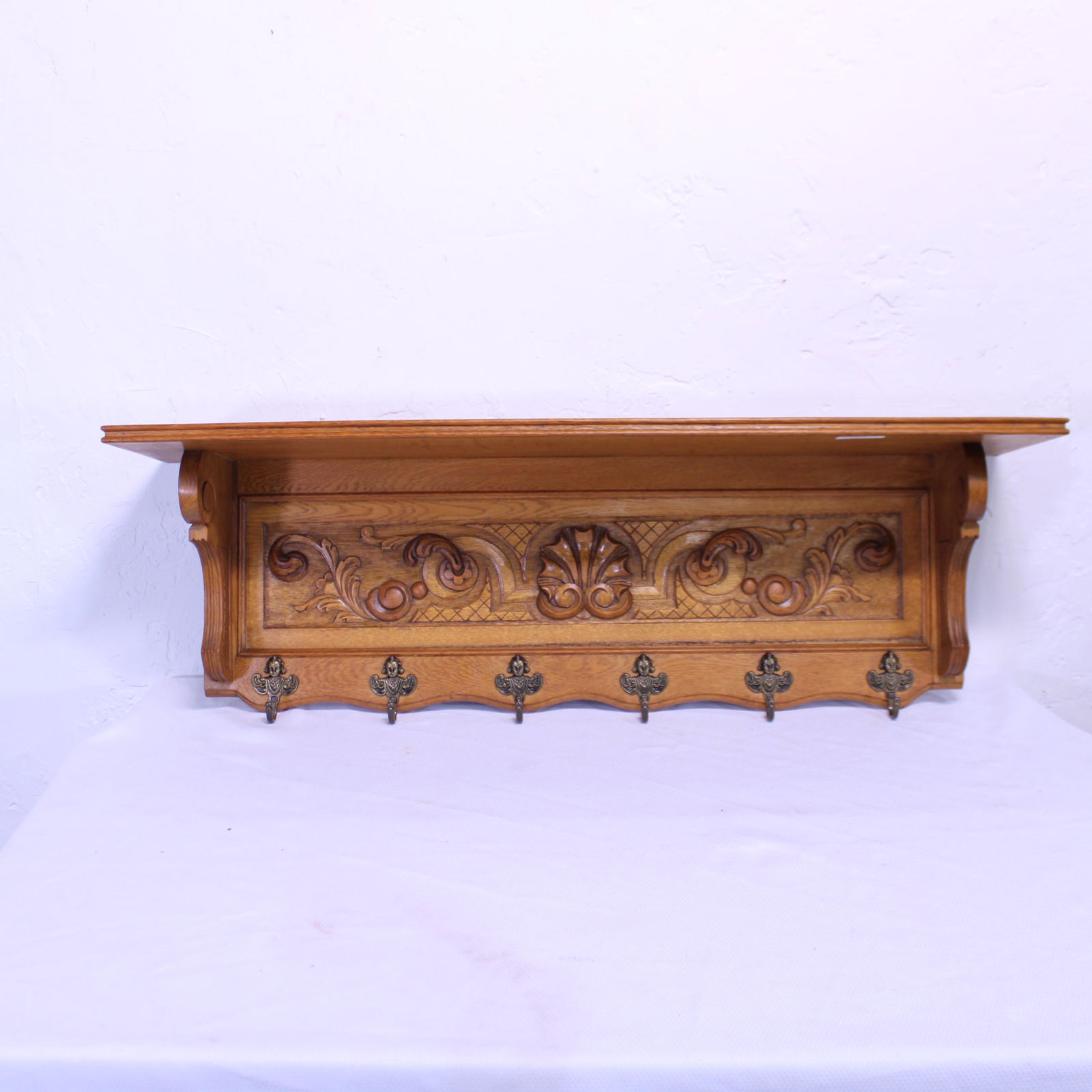 Carved Oak Wall Shelf with Hooks #3 (1 of 4)