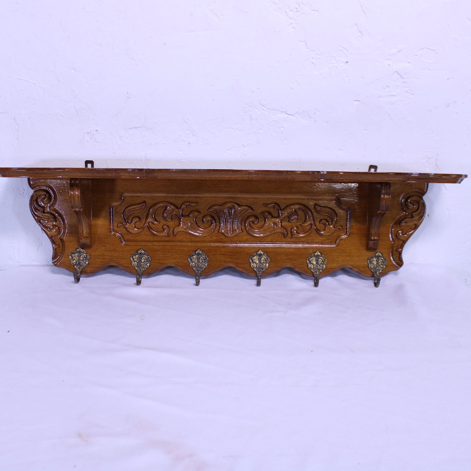 Carved Oak Wall Shelf with Hooks #4 (1 of 4)