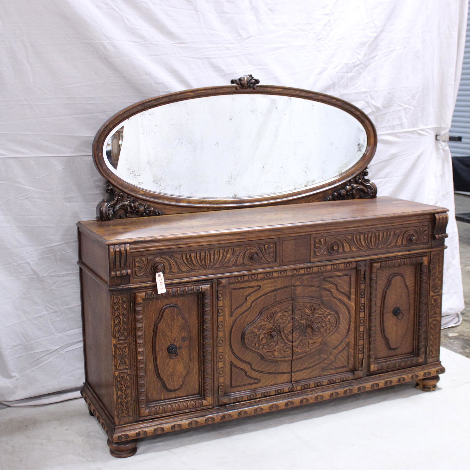 American Carved Oak Sideboard with Oval Mirror (1 of 10)