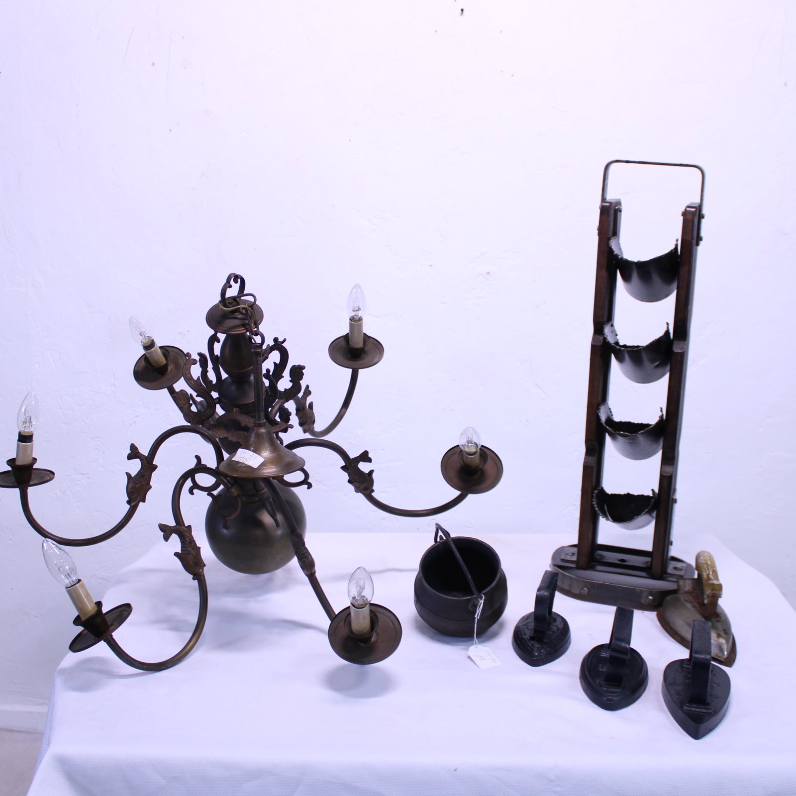 European Chandelier, Irons, Pots & a Stand: European Chandelier, Irons, Pots & a Stand