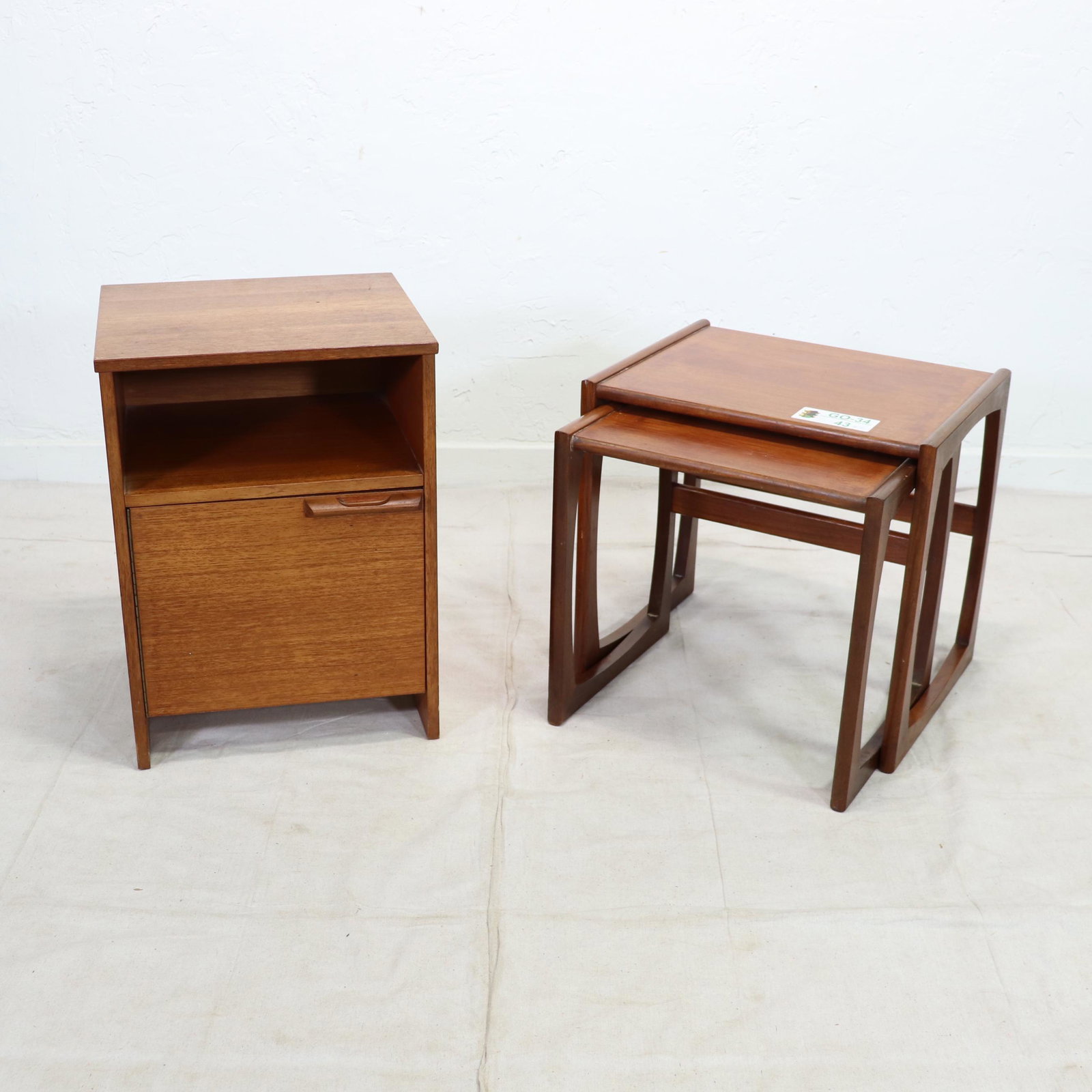 Mid Century Gplan Nest & Teak Night Stand: Danish Modern Style Nest of Two Tables ( 19 in tall x 20 x 15 ) & Bedside Cabinet (23 in tall x 17 x 16)