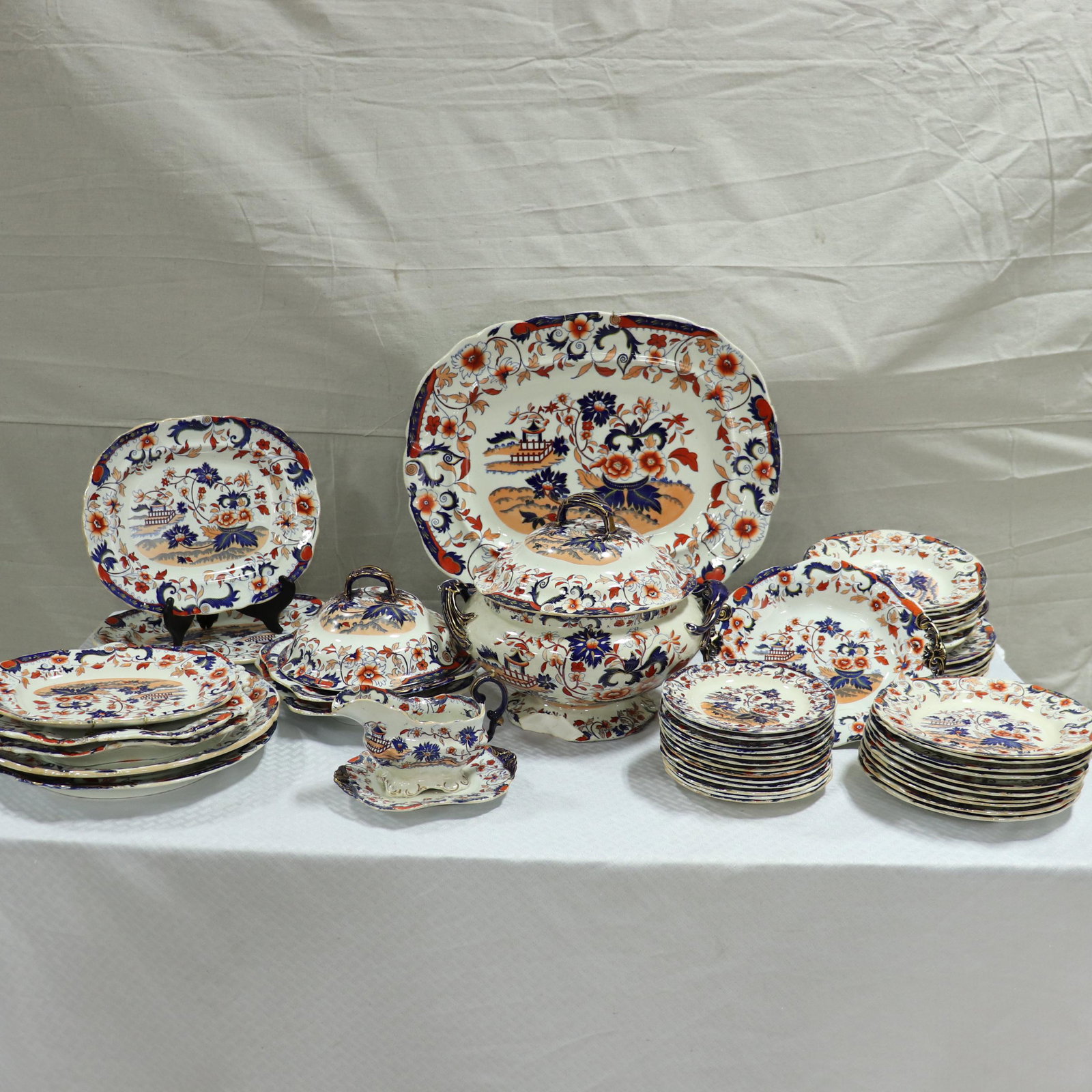 63pc Ironstone China Set With Imari Colors: 63pc Ironstone China Set With Asian Design and Imari Colors - 12 in tall x 13 x 12 (measurements for Tureen and Plate only)