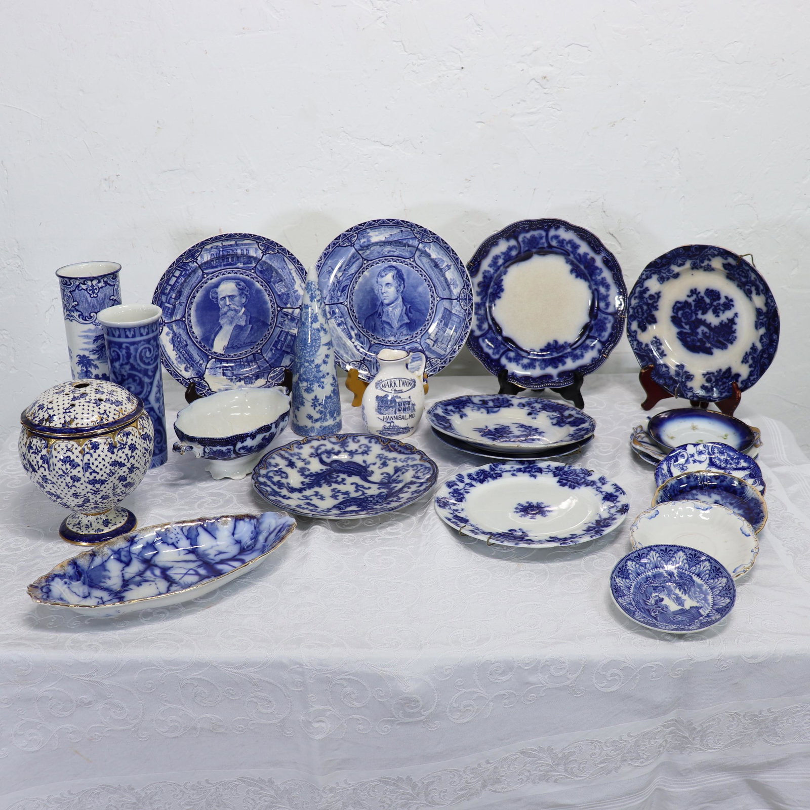 20 pc. Collection Flow Blue & White China & Vases: 20 pc. Collection Flow Blue & White China & Vases - Marks include : G. Jones & Sons - Abby 1790 , Spode, Carlton S A & C, Hanley, Austria - Tallest Item is 10 in