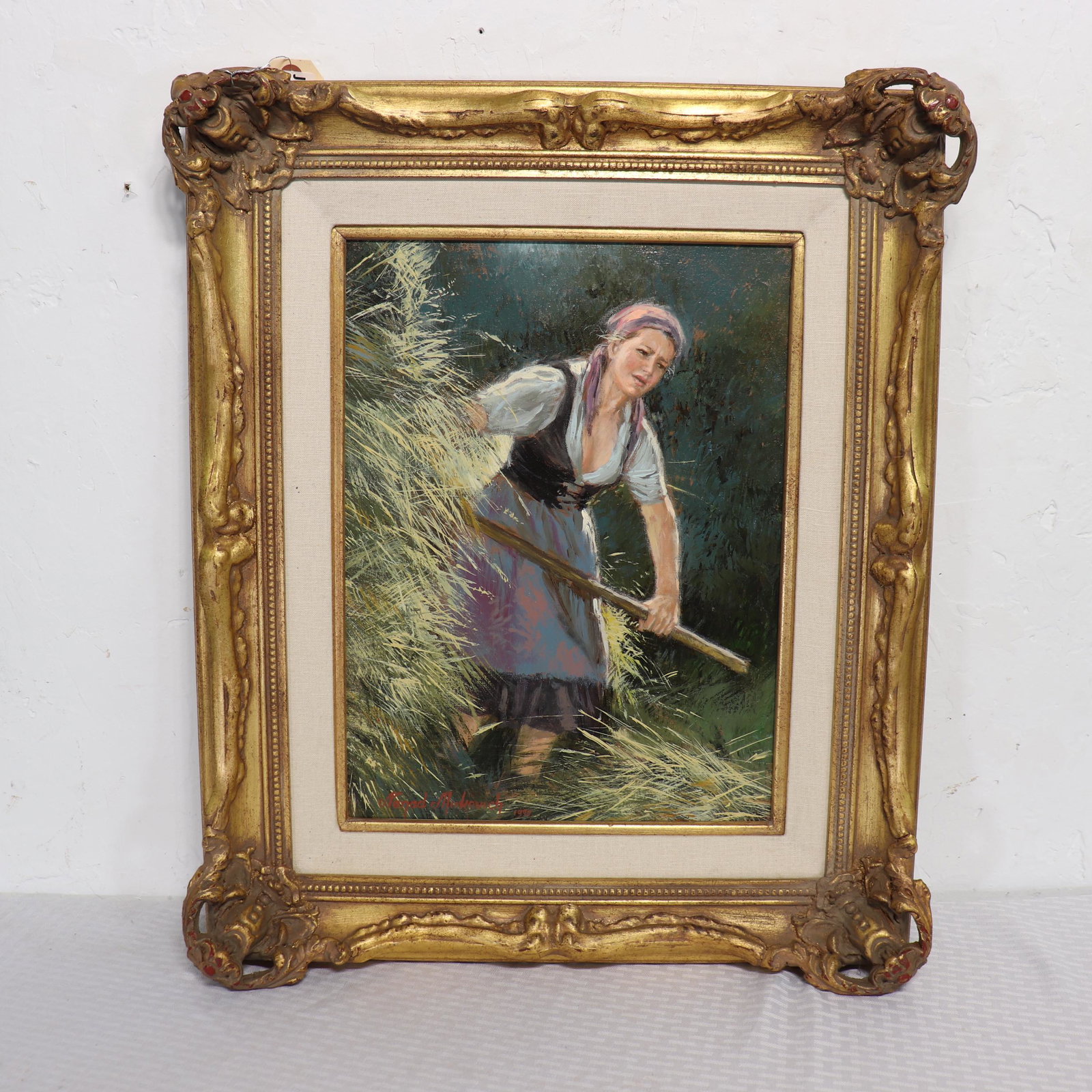 Gold Framed Painting - Lady with Hay: Gold Framed Painting - Lady with Hay - 25 in x 21 x 3