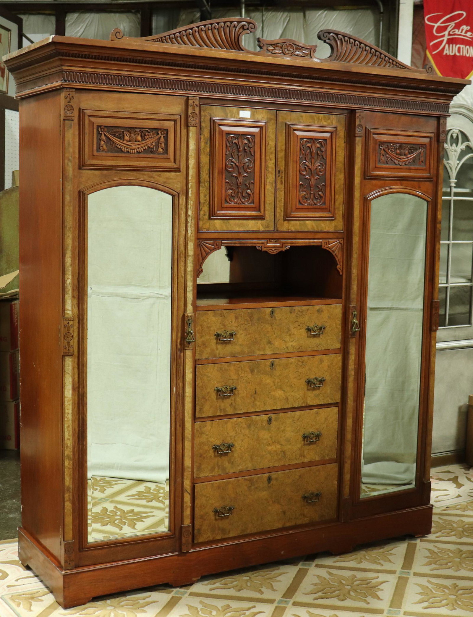 Large Walnut Double Mirrored Door British Robe: Large Double Mirrored Door British Robe - 81 in tall x 79 x 25