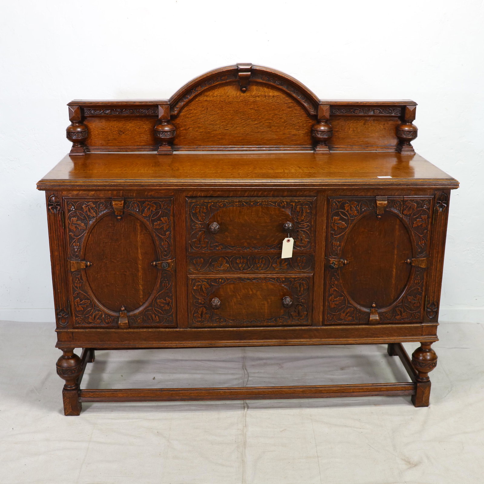 British Oak Sideboard - Floral Carving & Backsplash: British Oak Sideboard - Floral Carving & Backsplash & Cellarette - 53 in tall x 60 x 24