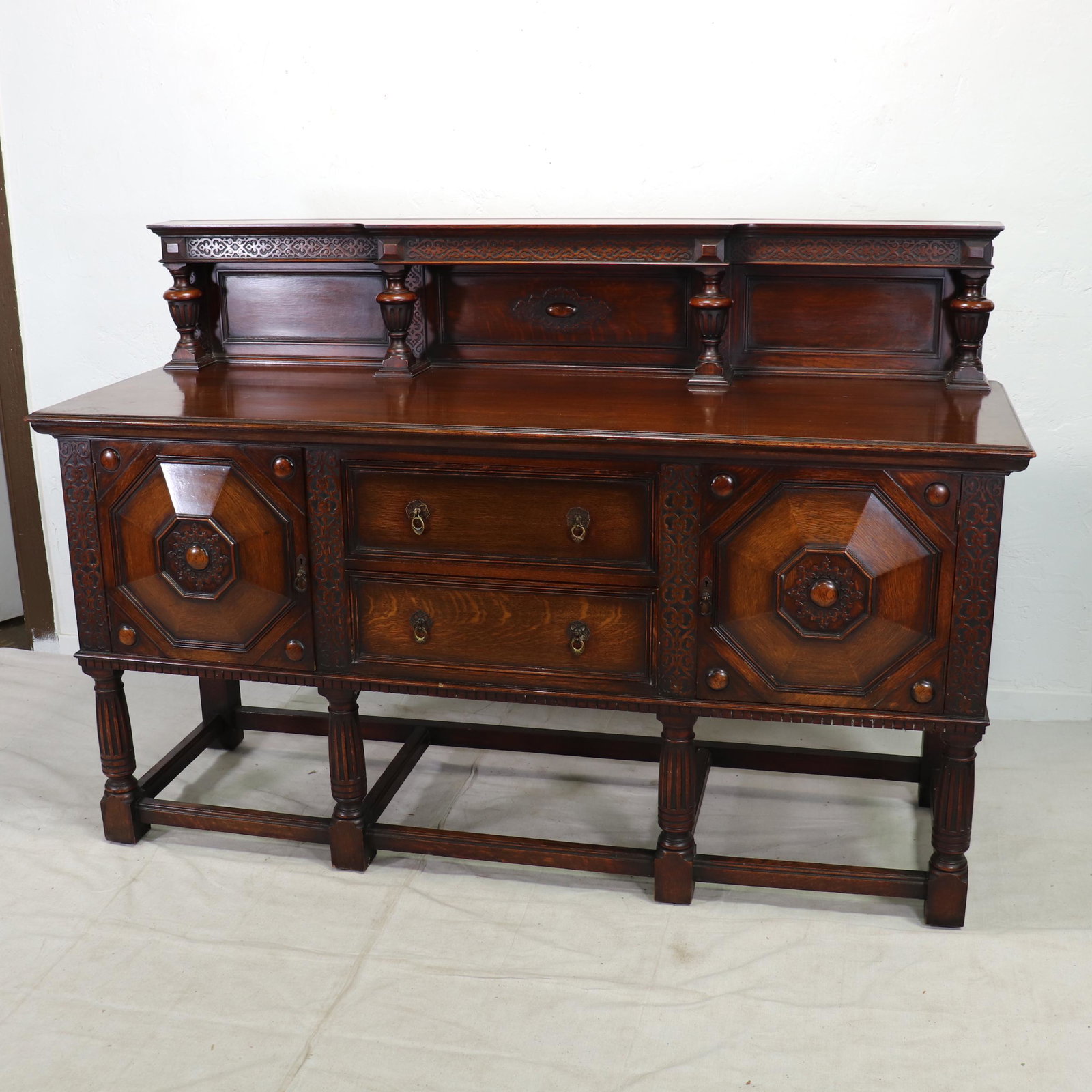 British Oak Sideboard - Chippendale Style Carving: British Oak Sideboard - Chippendale Style Carving - 53 in tall x 76 x 27