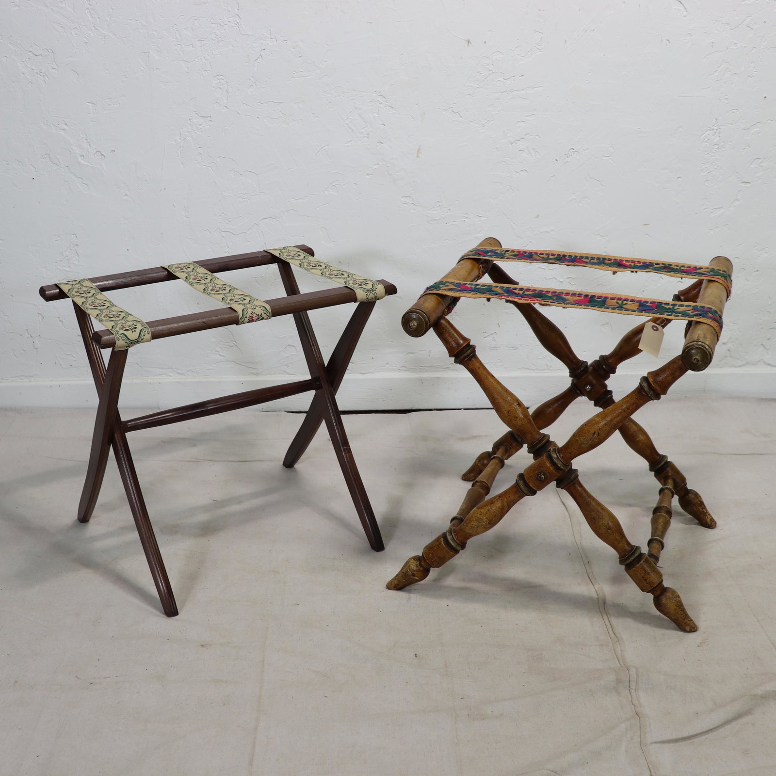 Two Vintage Folding Luggage Racks: Two Vintage Folding Luggage Racks - Largest is 24 in tall x 22 x 17