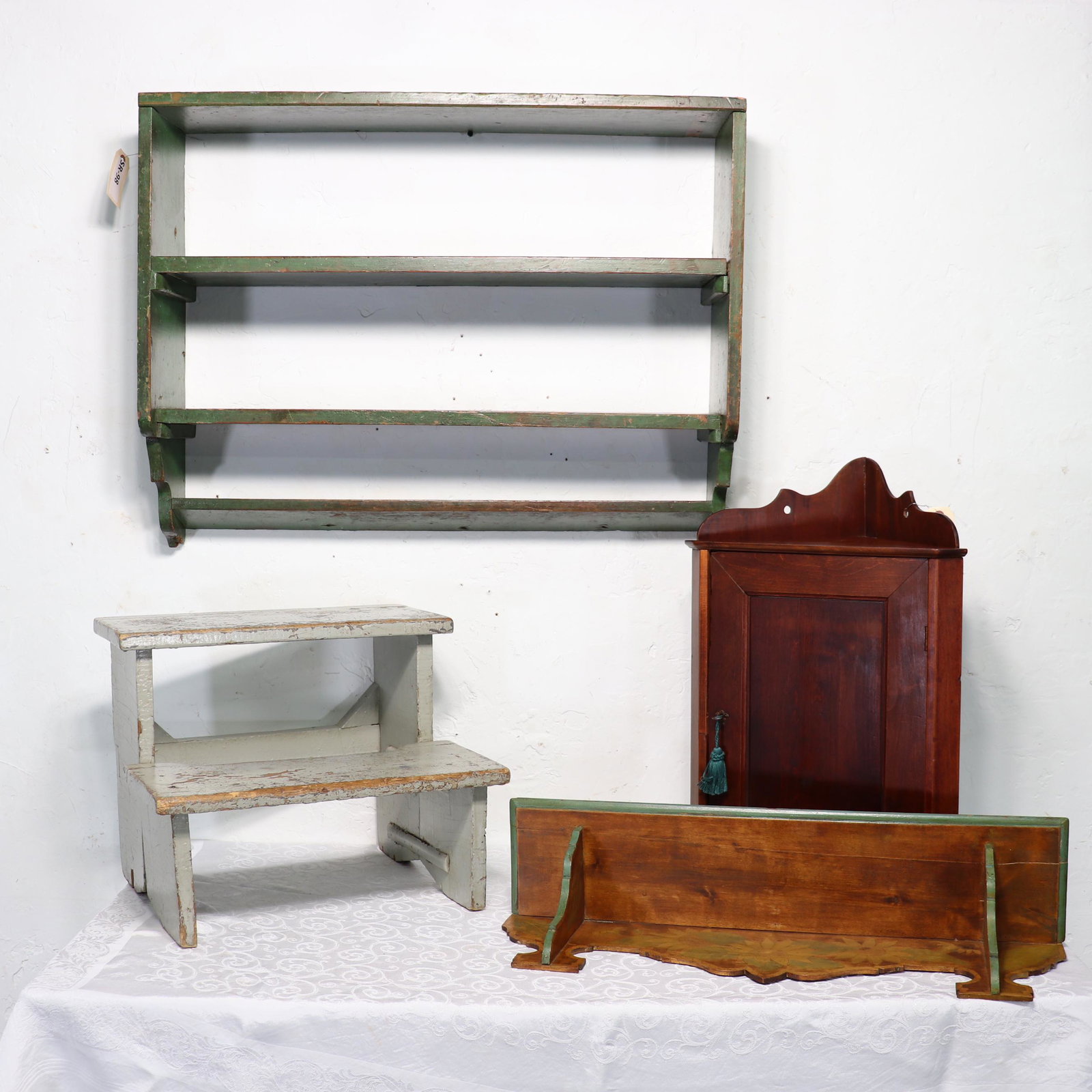 Two Painted Wall Shelves, Corner Cabinet & Steps: Two Painted Wall Shelves, Corner Cabinet & Steps - Steps are 15 in tall x 19 x 15