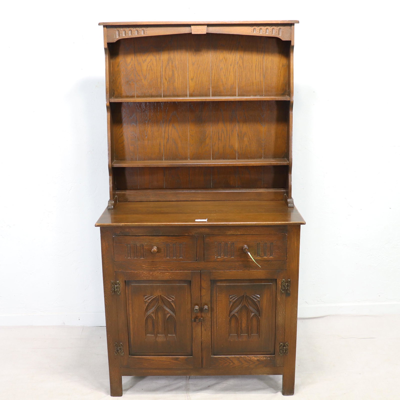 Light Oak Welch Dresser with Gothic Style Carving: Light Oak Welch Dresser with Gothic Style Carving - 69 in tall x 37 x 17
