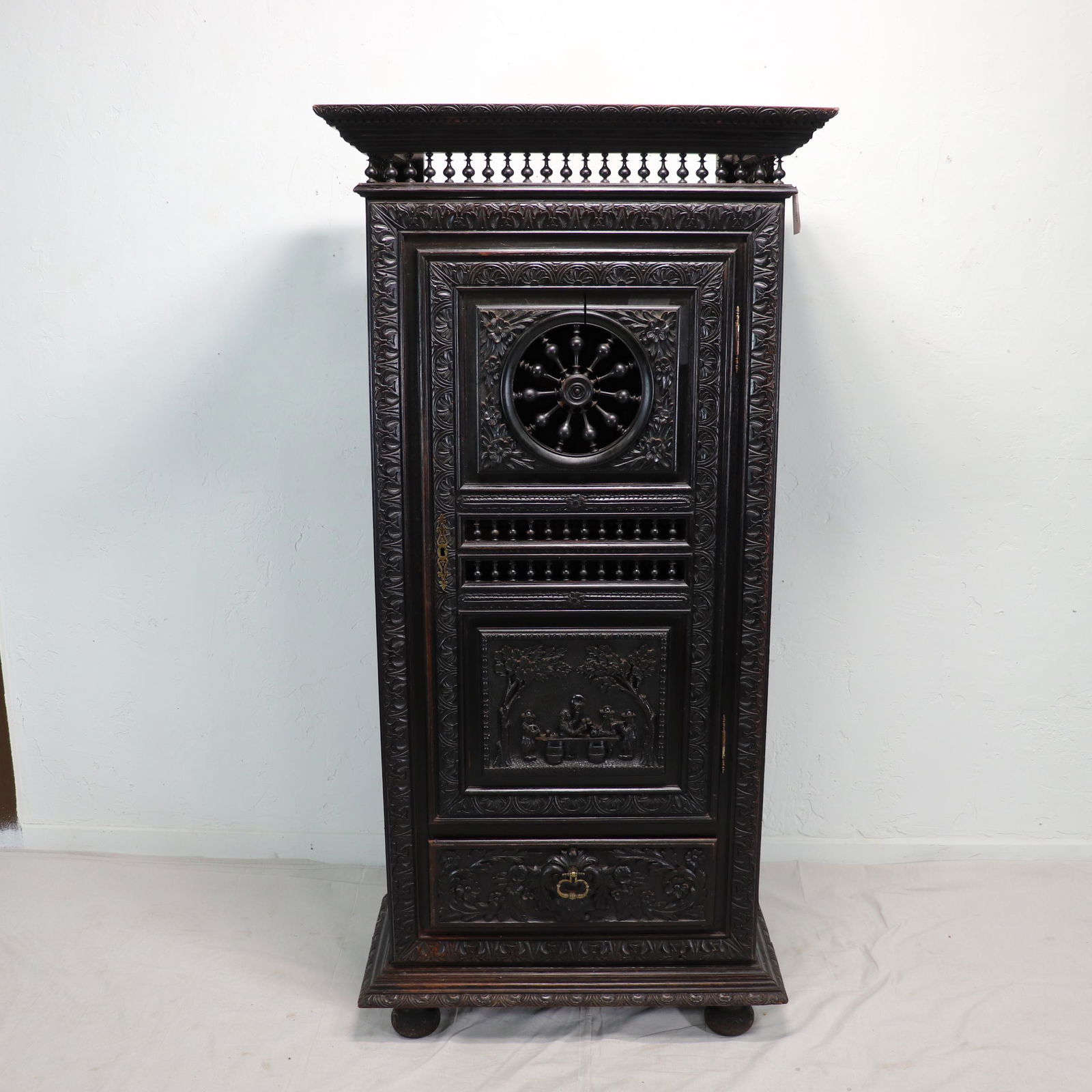 French Breton Style Dark Carved Cabinet in Chestnut (1 of 8)