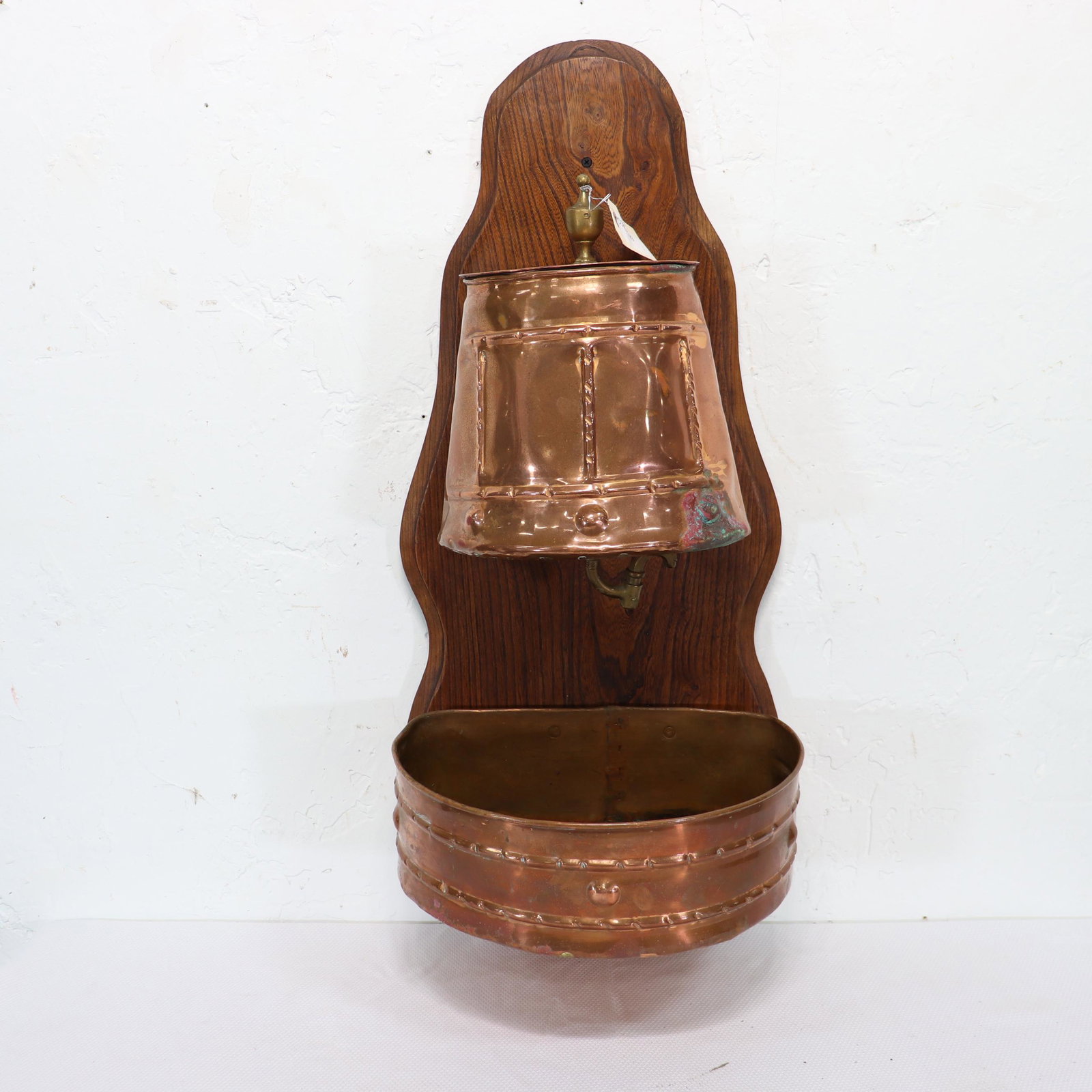 French Copper Wall Fountain / Lavabo on Elm Board: French Copper Wall Fountain on Elm Board - 32 in tall x 15 x 11