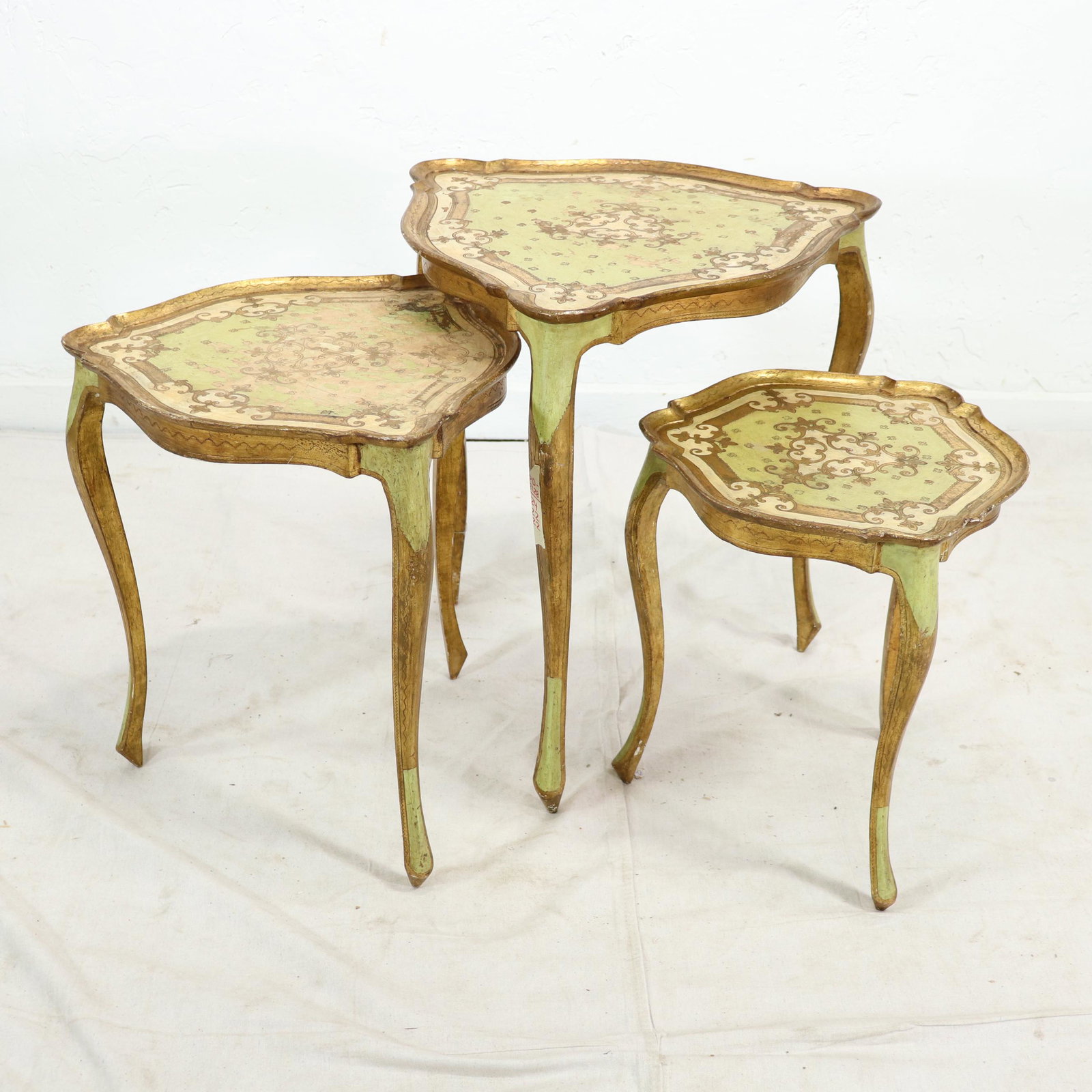 Triangular Nest of Three Florentine Tables: Triangular Nest of Three Florentine Tables 24 in tall x 22 x 22