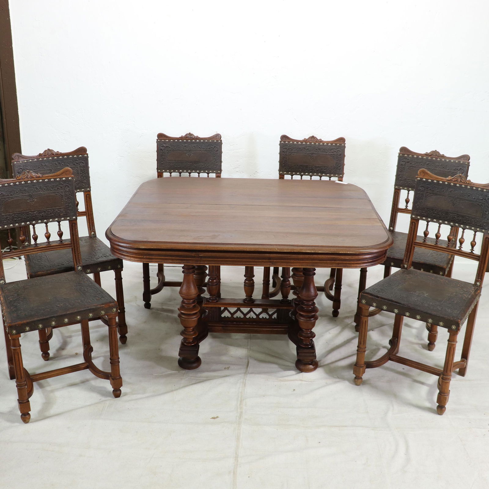 Walnut Henri II Style Table & 6 Tooled Leather Chairs (1 of 12)