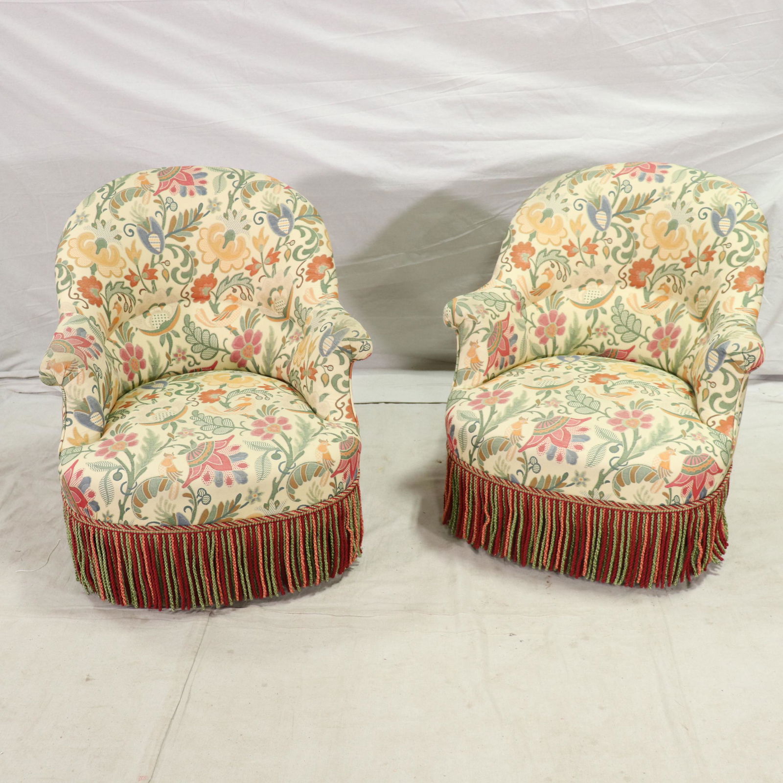 Pair of French Slipper / Crapeau Chairs with Fringe (1 of 5)