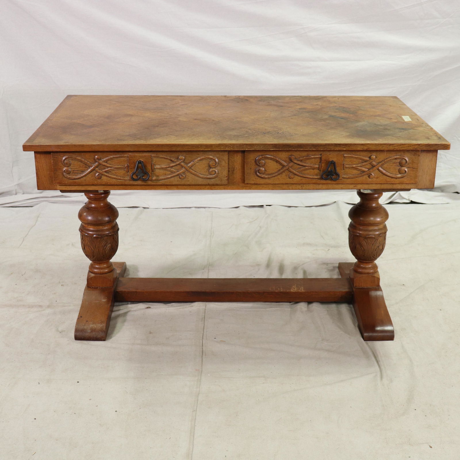 Carved French Writing Desk - Parquet Top & 2 Drawers (1 of 8)