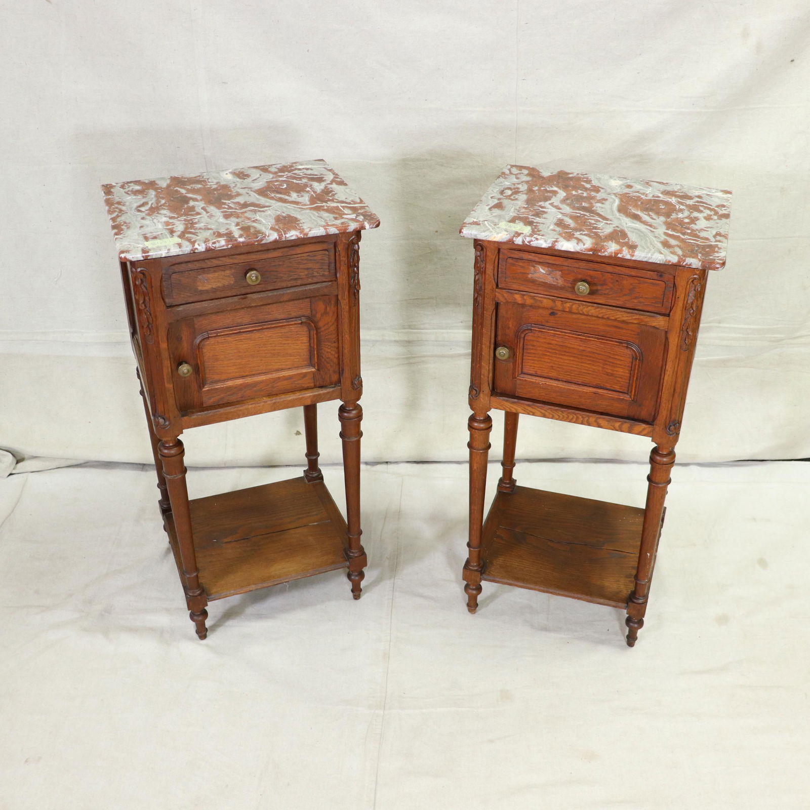 Pair Louis XVI Style Oak Marble Top Pot Cupboards (1 of 8)