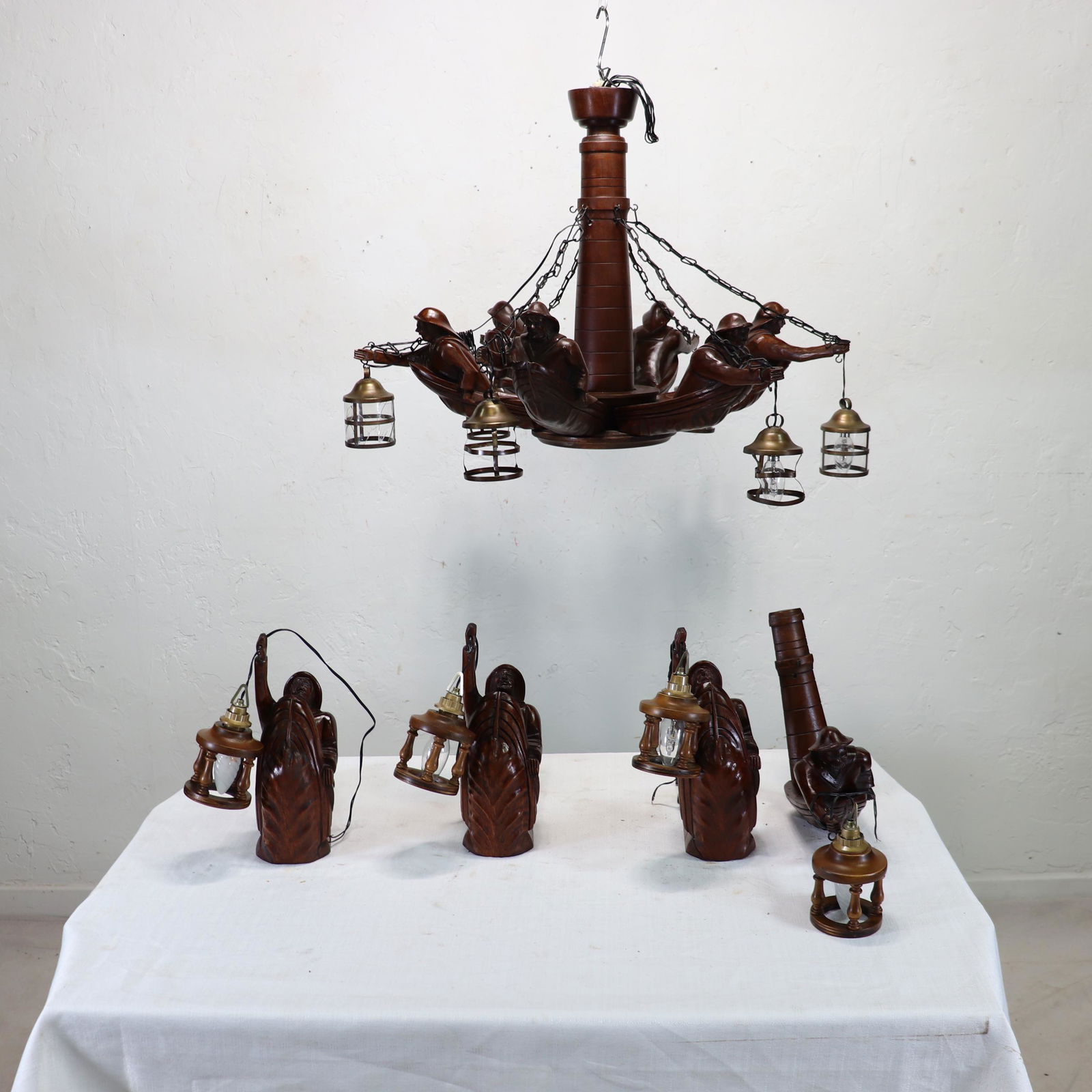 Carved Oak Breton Style Fisherman Chandelier & Lights (1 of 11)