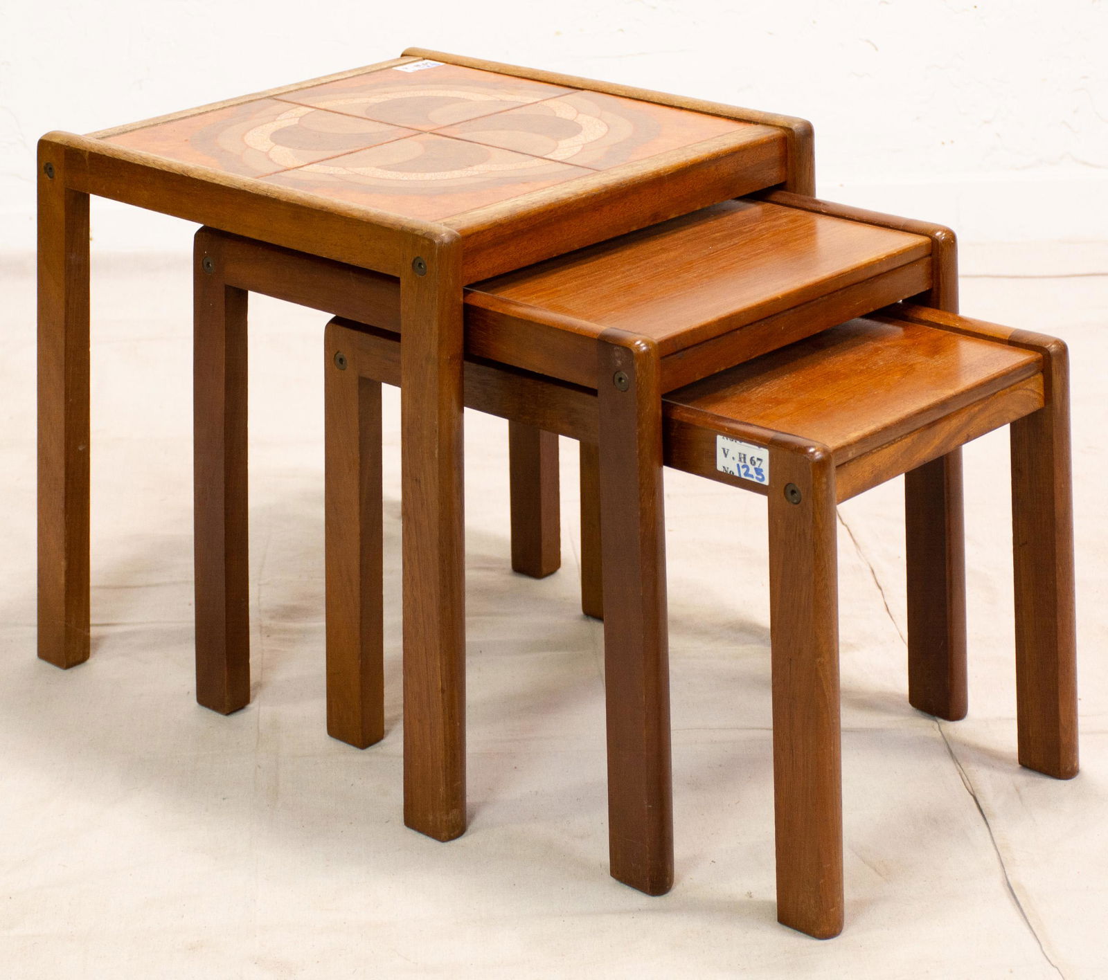 Danish Style Tan / Brown Tile Top Nest Of 3 Tables (1 of 2)
