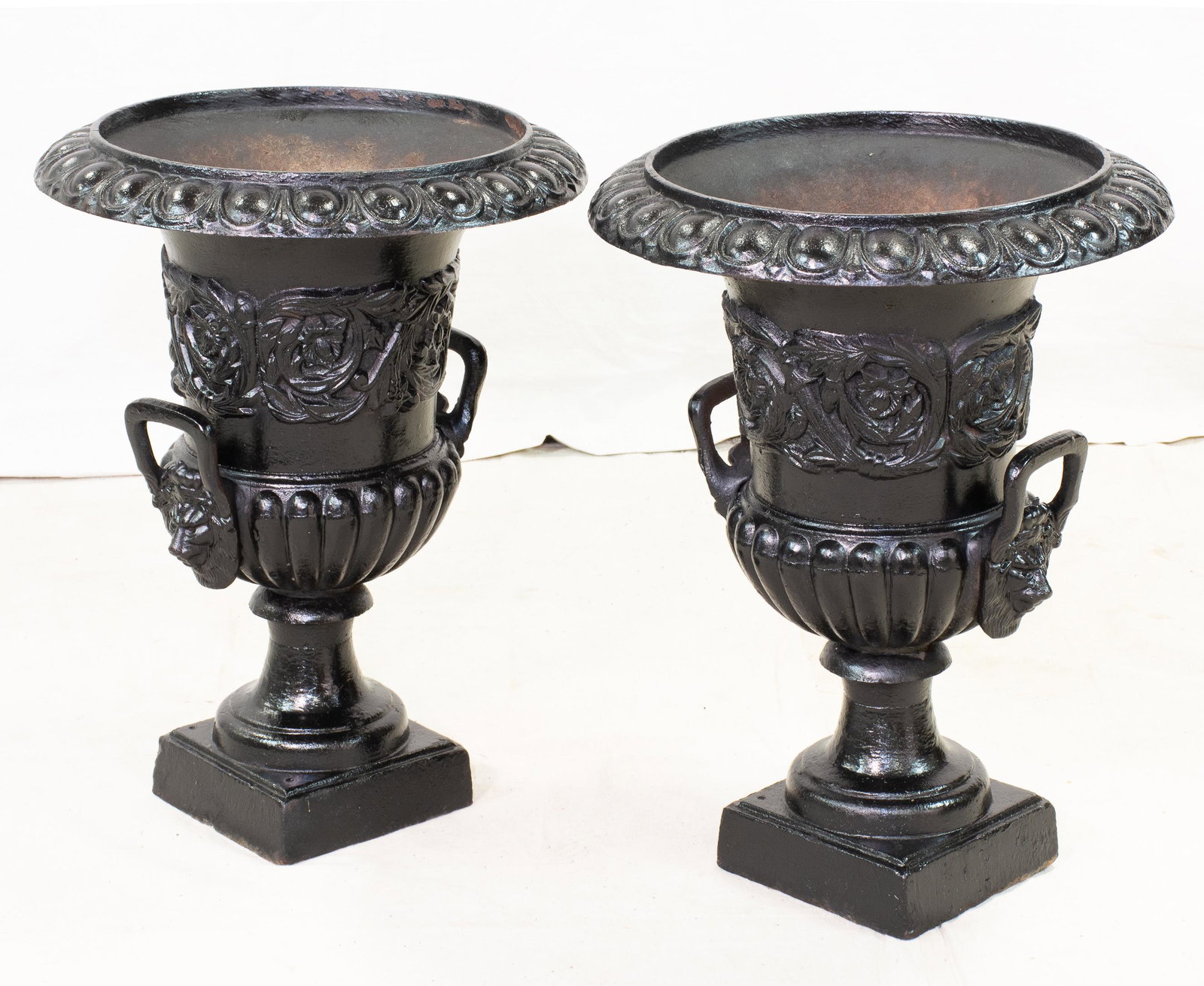 Pair Cast Iron Urns With Lion Head Handles (1 of 2)