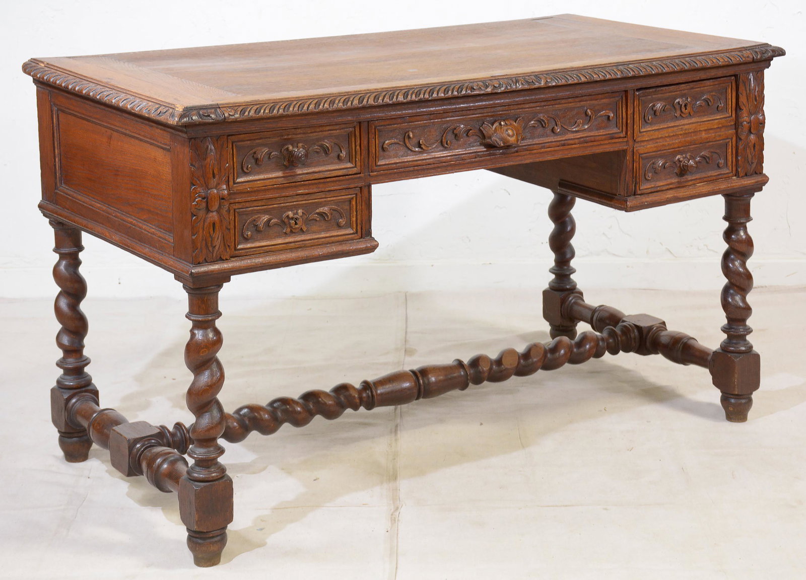 Carved Oak Barley Twist Desk With Stretcher Base (1 of 6)