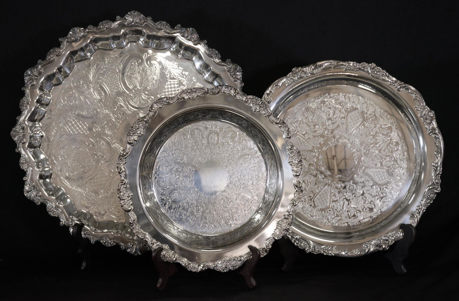 Three Round Silver Plate Serving Trays (1 of 6)