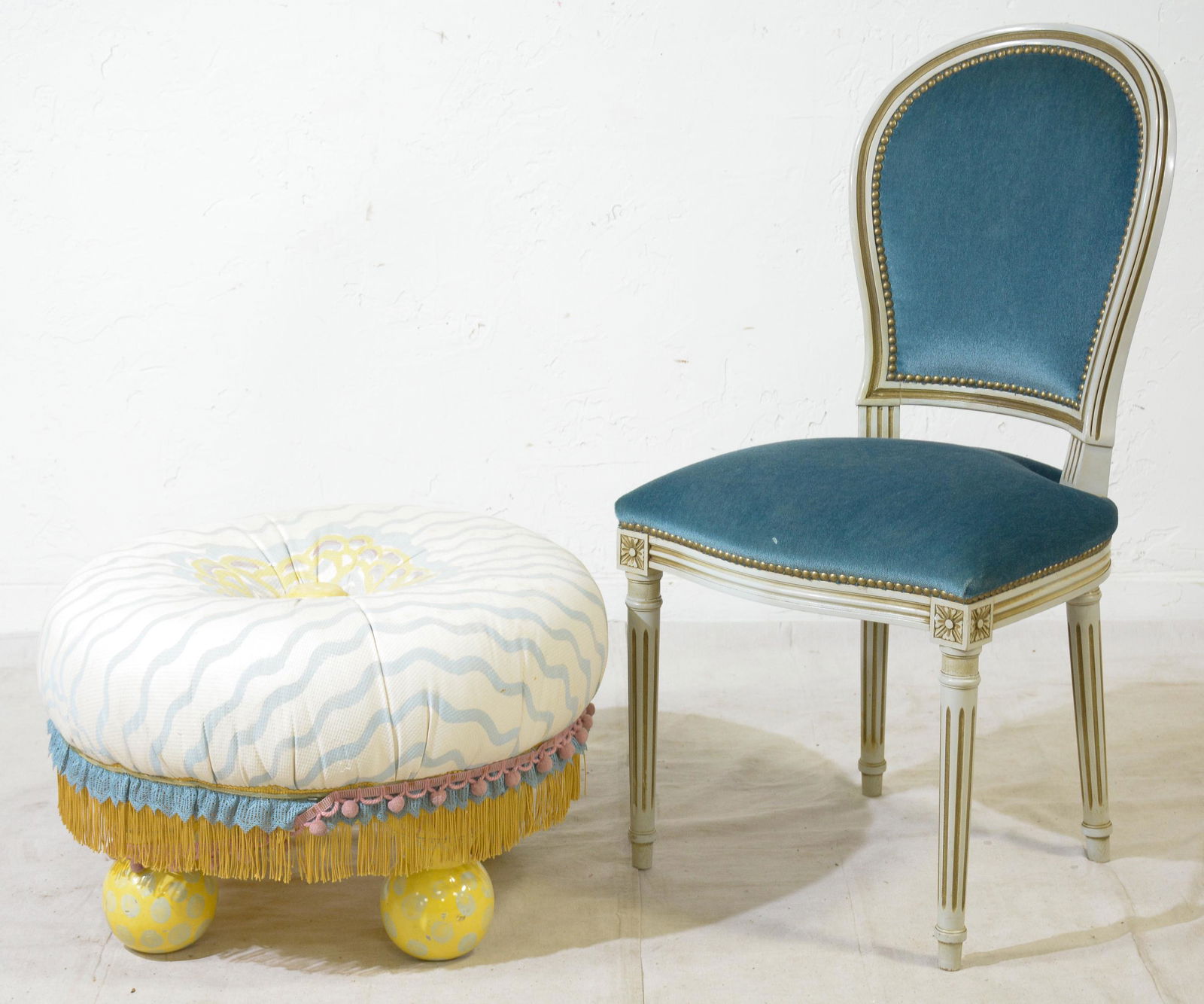 Blue Upholstered French Chair & Ottoman (1 of 2)