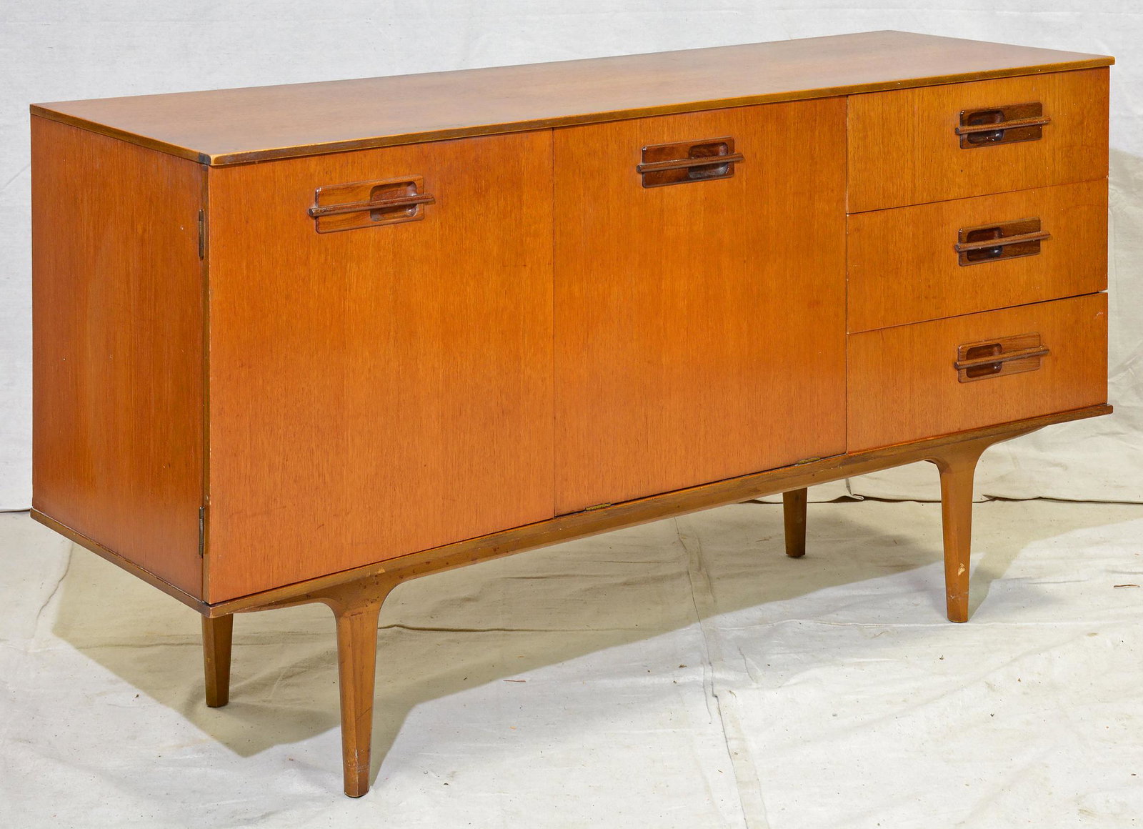 Mid Century Modern Teak Sideboard: Danish Modern Style Credenza - British Made - 31 in tall x 59 x 19