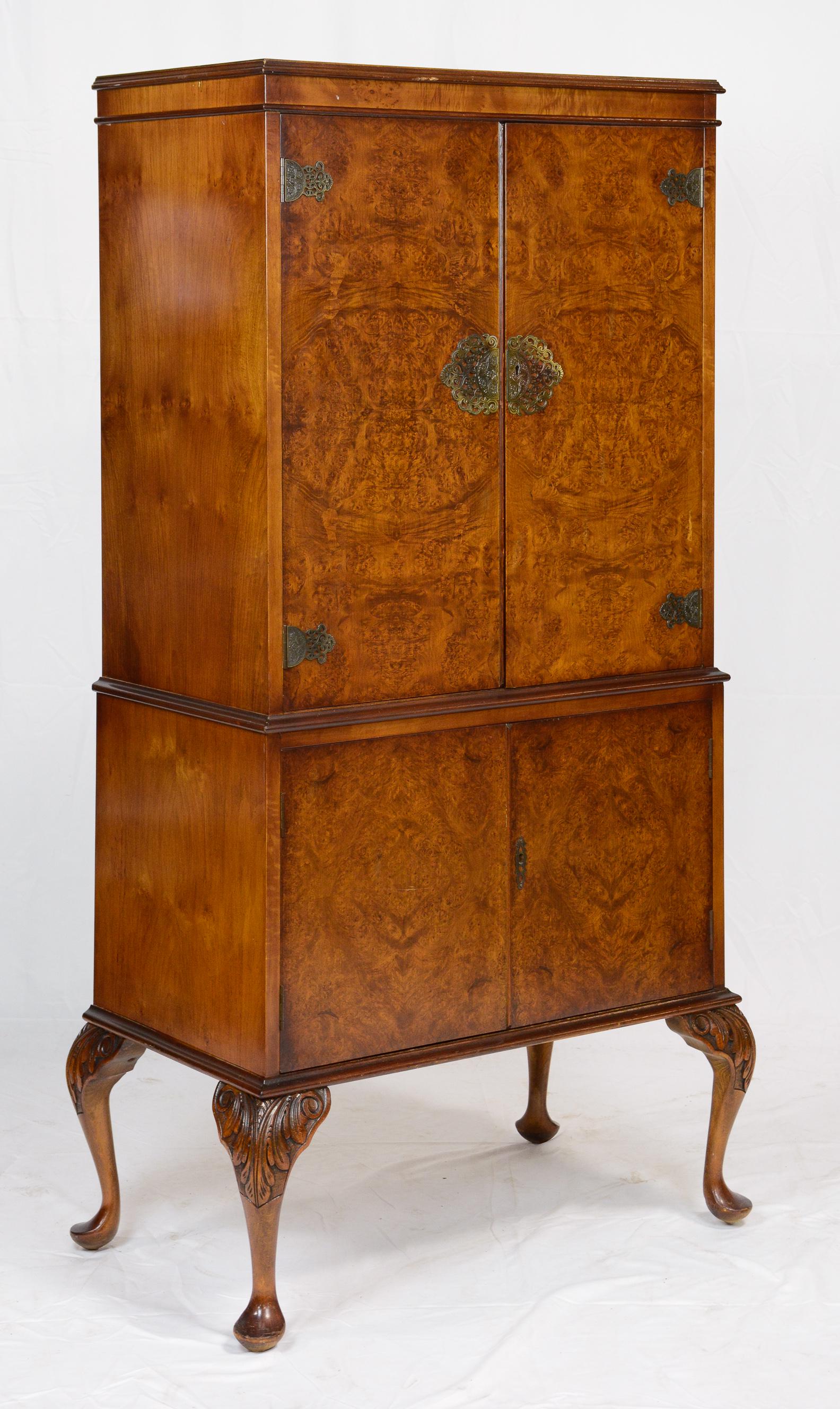 British Walnut Cocktail Cabinet on Queen Anne Legs: British Walnut Cocktail Cabinet on Queen Anne Legs - 59 in tall x 28 x 16